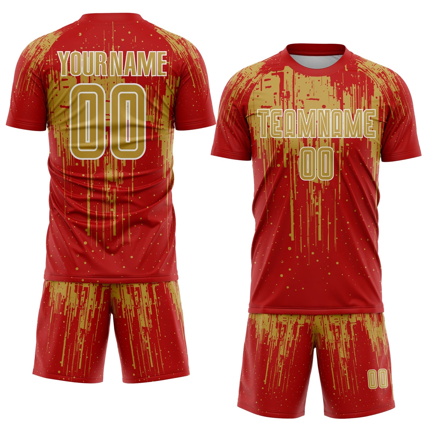 Custom Red Old Gold-White Dripping Splatte Pattern Sports Sublimation Soccer Uniform Jersey view 2