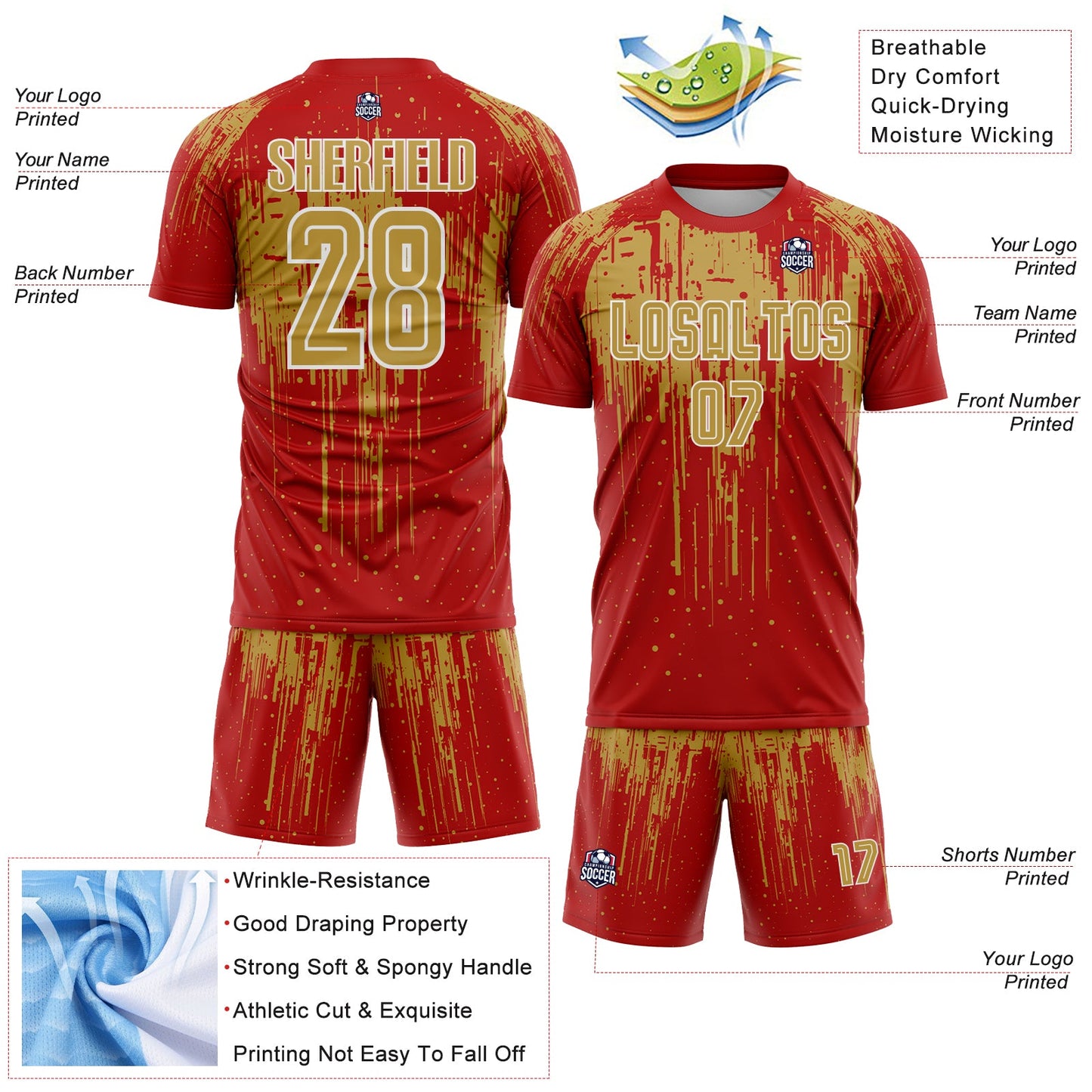 Custom Red Old Gold-White Dripping Splatte Pattern Sports Sublimation Soccer Uniform Jersey view 4