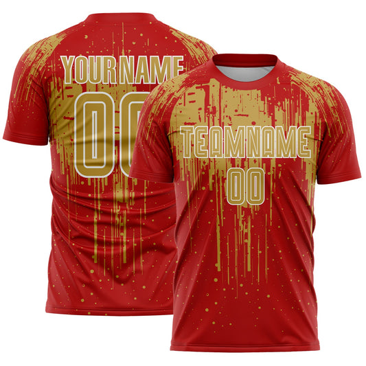 Custom Red Old Gold-White Dripping Splatte Pattern Sports Sublimation Soccer Uniform Jersey - Main View