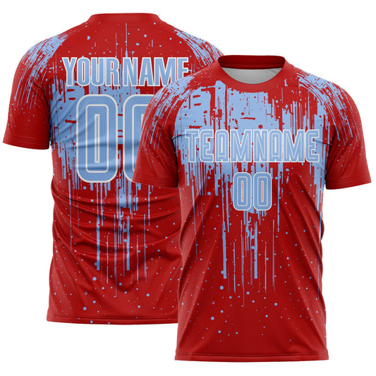 Custom Red Light Blue-White Dripping Splatte Pattern Sports Sublimation Soccer Uniform Jersey - Main View