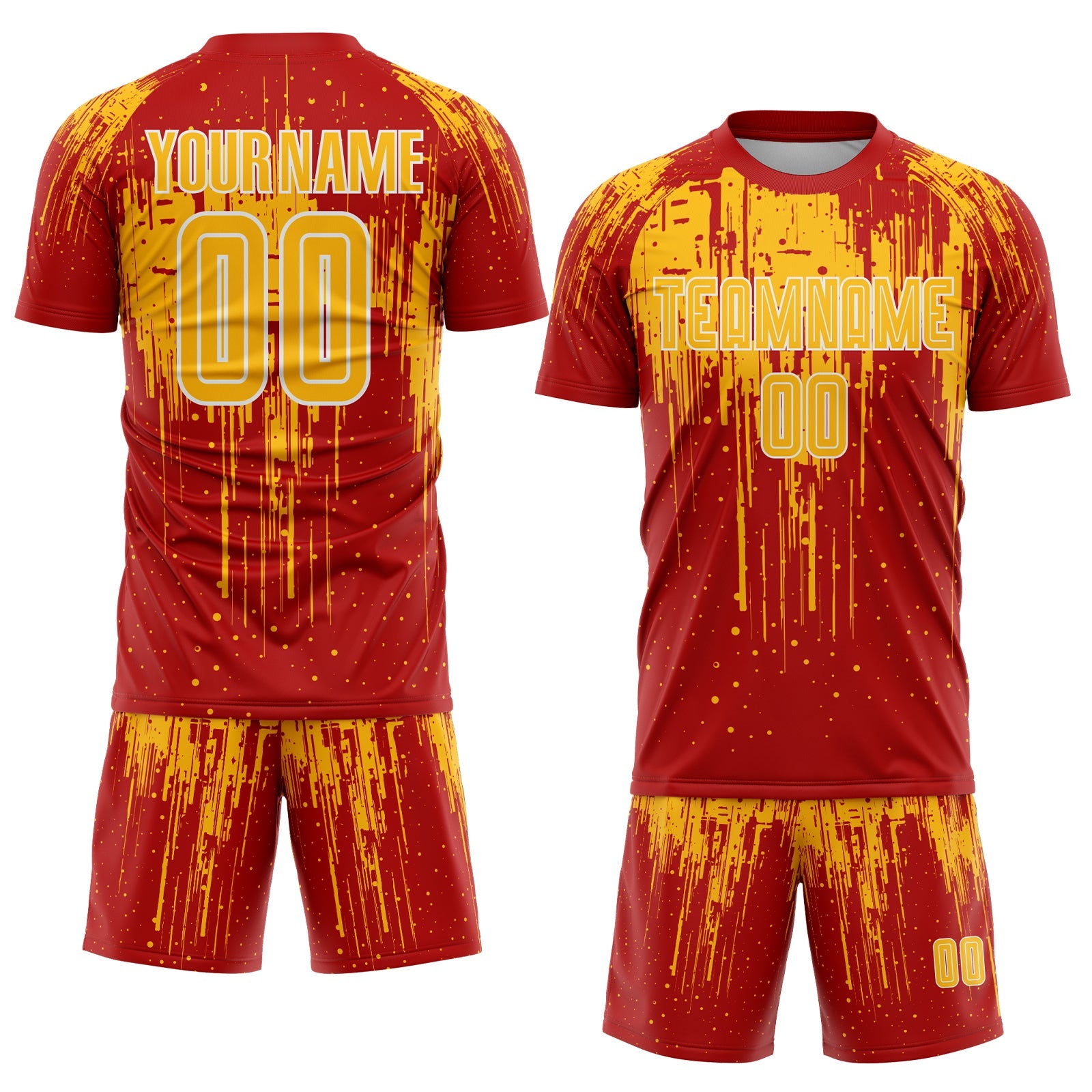 Custom Red Gold-White Dripping Splatte Pattern Sports Sublimation Soccer Uniform Jersey view 2