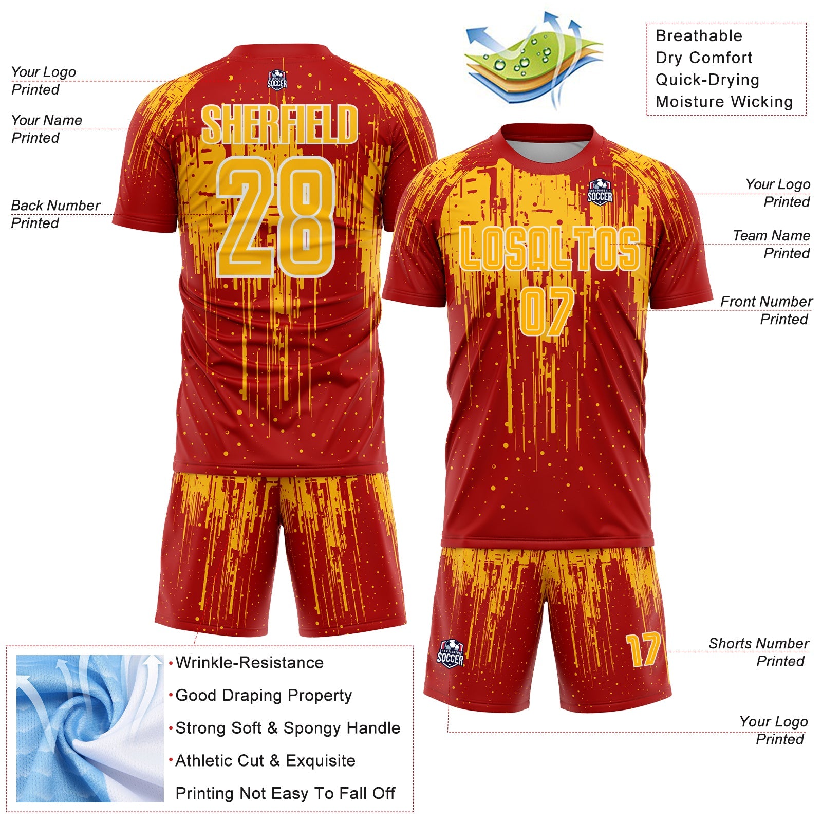 Custom Red Gold-White Dripping Splatte Pattern Sports Sublimation Soccer Uniform Jersey view 4