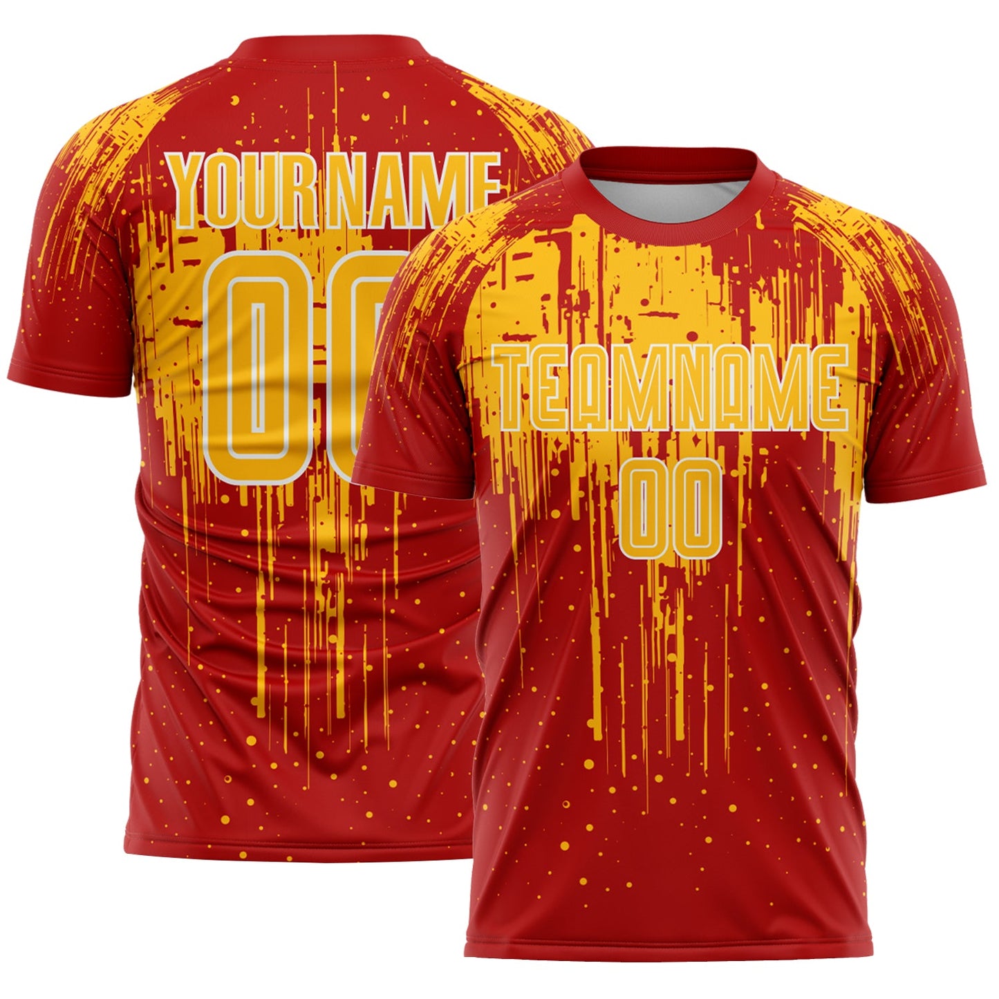 Custom Red Gold-White Dripping Splatte Pattern Sports Sublimation Soccer Uniform Jersey - Main View