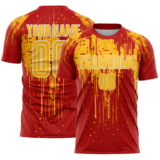 Custom Red Gold-White Dripping Splatte Pattern Sports Sublimation Soccer Uniform Jersey - Main View