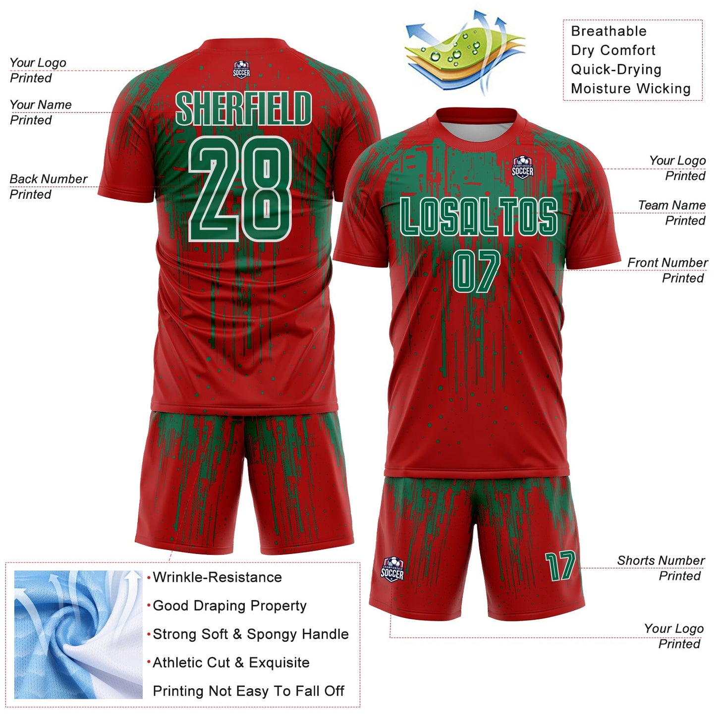 Custom Red Kelly Green-White Dripping Splatte Pattern Sports Sublimation Soccer Uniform Jersey view 4