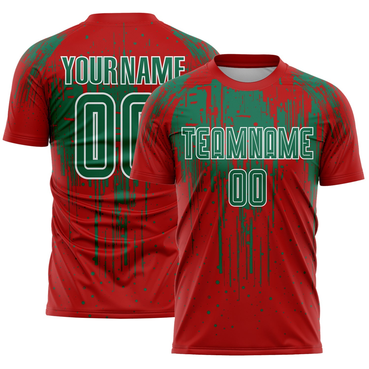 Custom Red Kelly Green-White Dripping Splatte Pattern Sports Sublimation Soccer Uniform Jersey - Main View