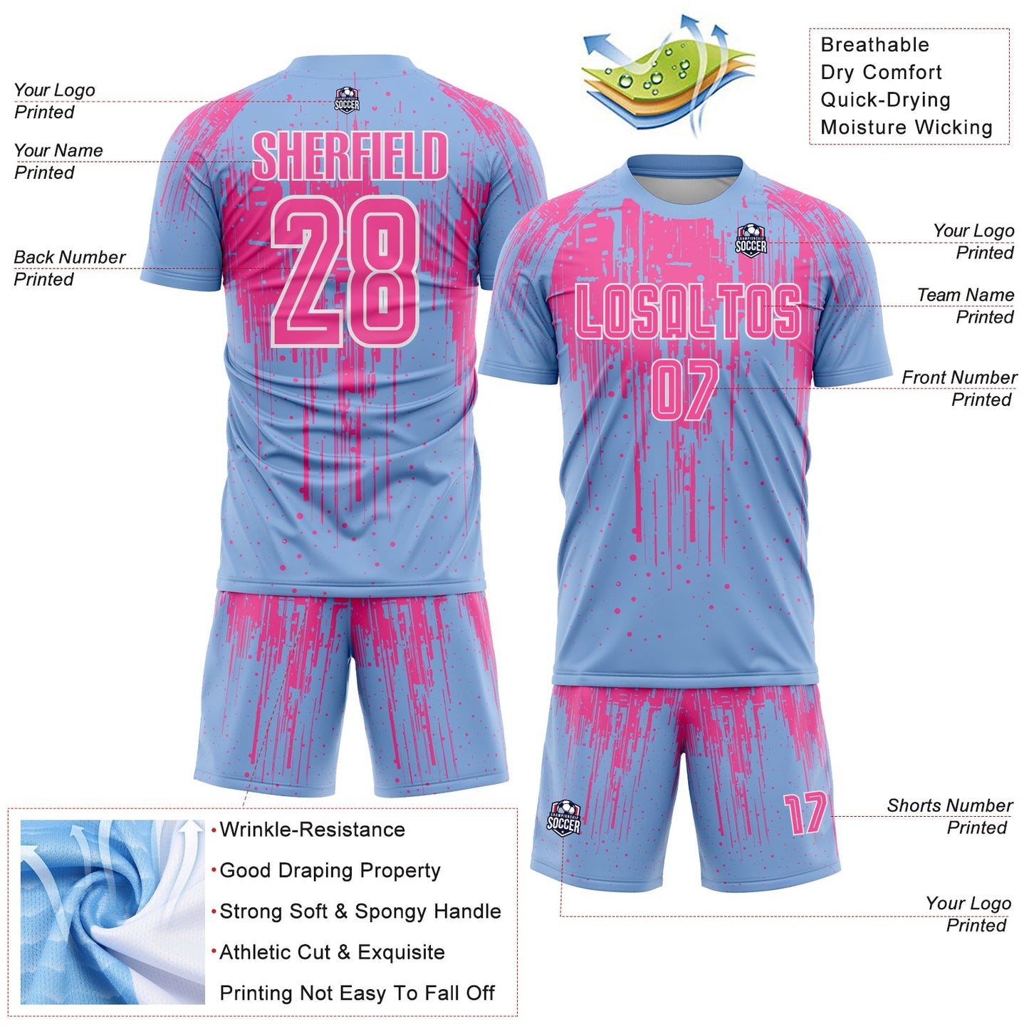 Custom Light Blue Pink-White Dripping Splatte Pattern Sports Sublimation Soccer Uniform Jersey view 4