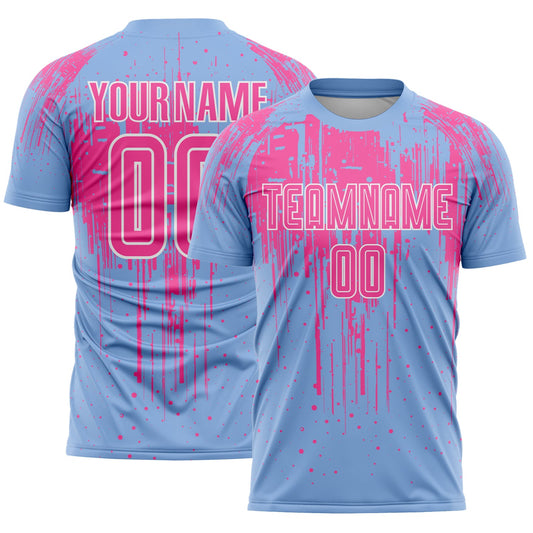 Custom Light Blue Pink-White Dripping Splatte Pattern Sports Sublimation Soccer Uniform Jersey - Main View