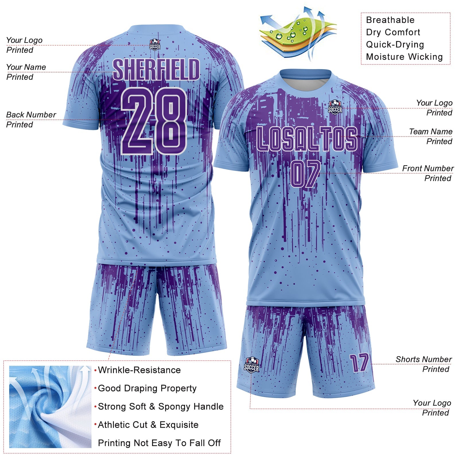 Custom Light Blue Purple-White Dripping Splatte Pattern Sports Sublimation Soccer Uniform Jersey view 4