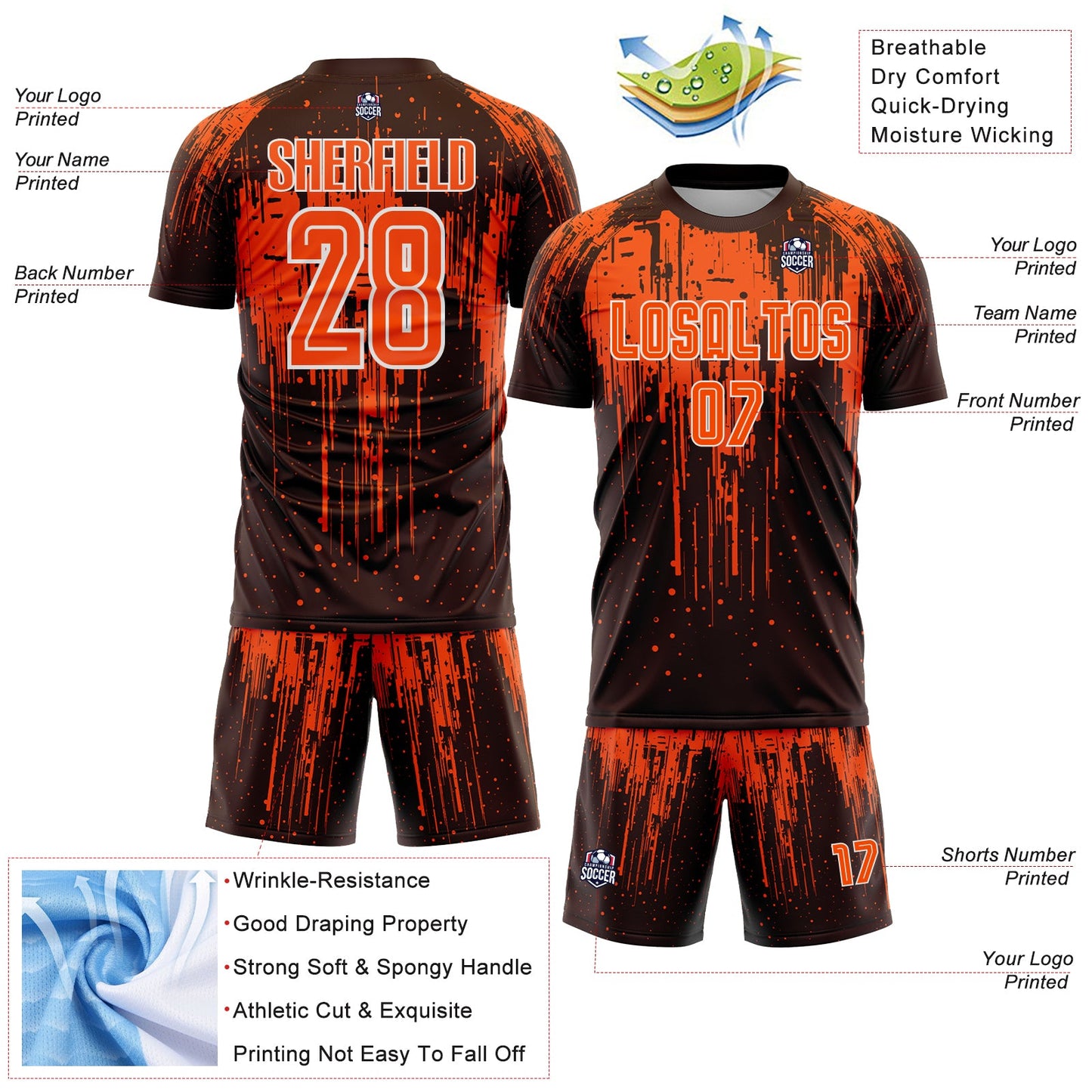Custom Brown Orange-White Dripping Splatte Pattern Sports Sublimation Soccer Uniform Jersey view 4