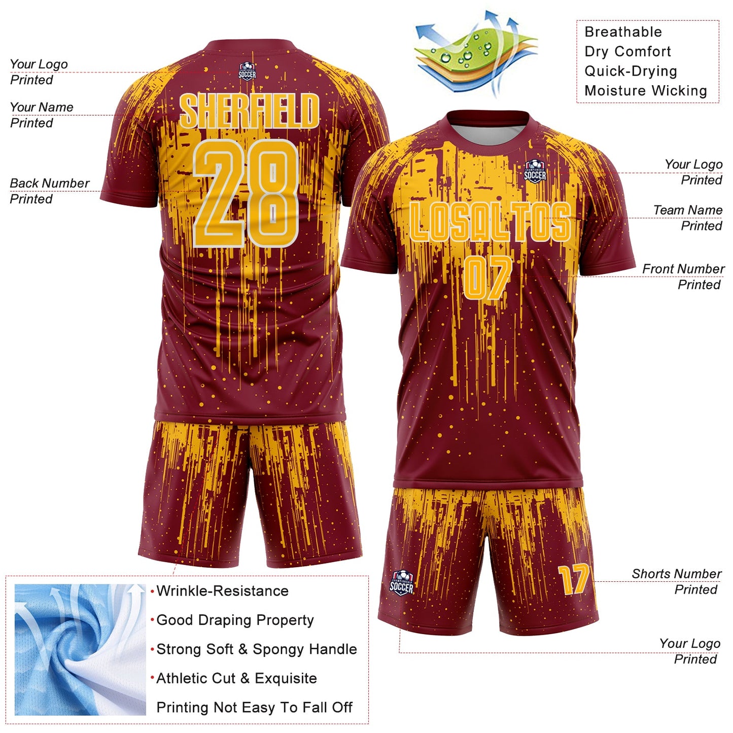 Custom Crimson Gold-White Dripping Splatte Pattern Sports Sublimation Soccer Uniform Jersey view 4