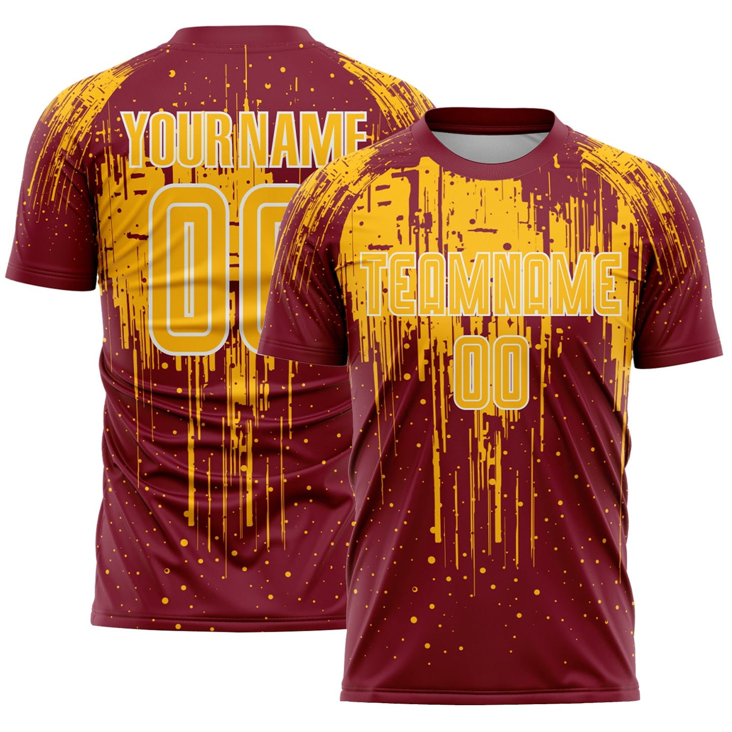Custom Crimson Gold-White Dripping Splatte Pattern Sports Sublimation Soccer Uniform Jersey - Main View
