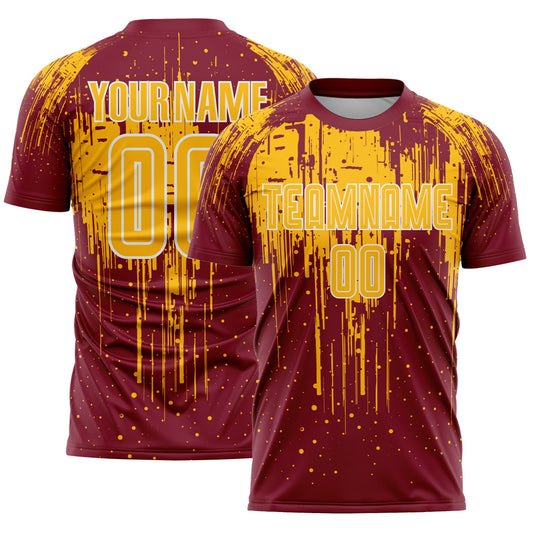 Custom Crimson Gold-White Dripping Splatte Pattern Sports Sublimation Soccer Uniform Jersey - Main View