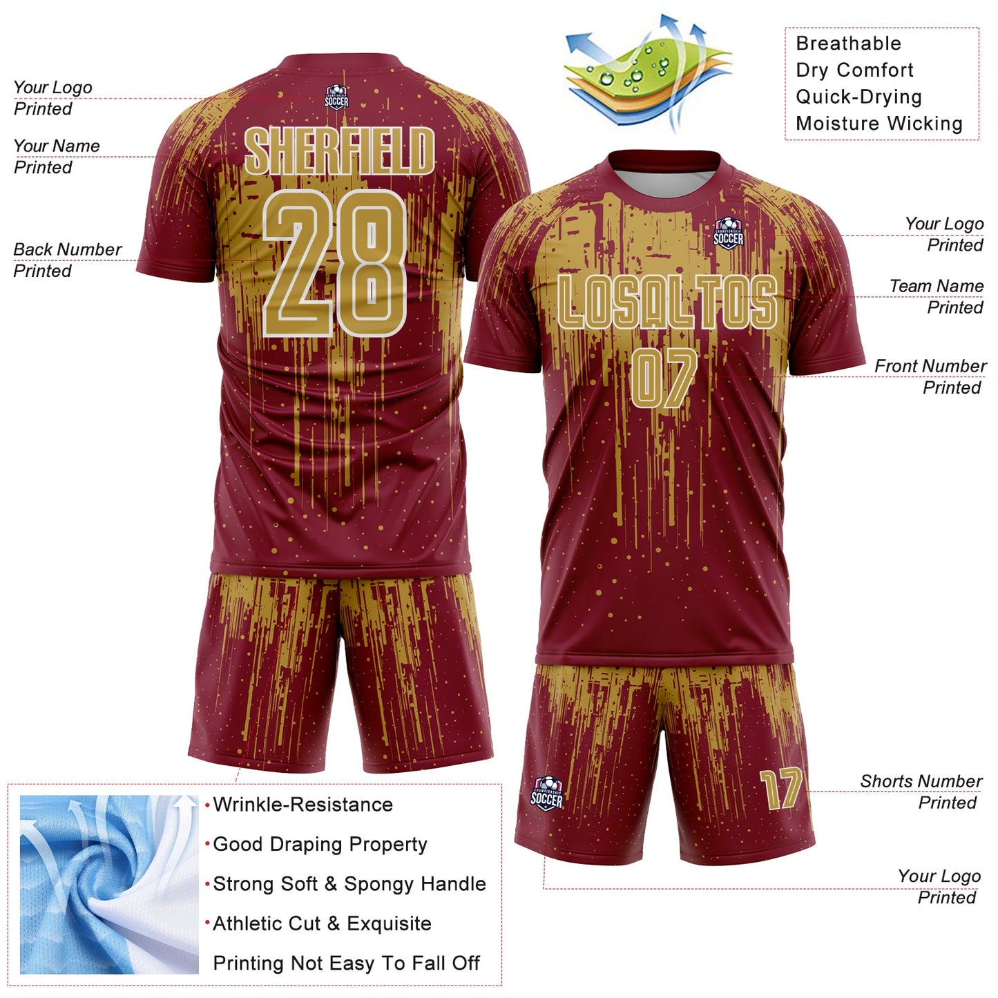 Custom Crimson Old Gold-White Dripping Splatte Pattern Sports Sublimation Soccer Uniform Jersey view 4
