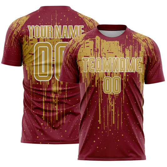 Custom Crimson Old Gold-White Dripping Splatte Pattern Sports Sublimation Soccer Uniform Jersey - Main View