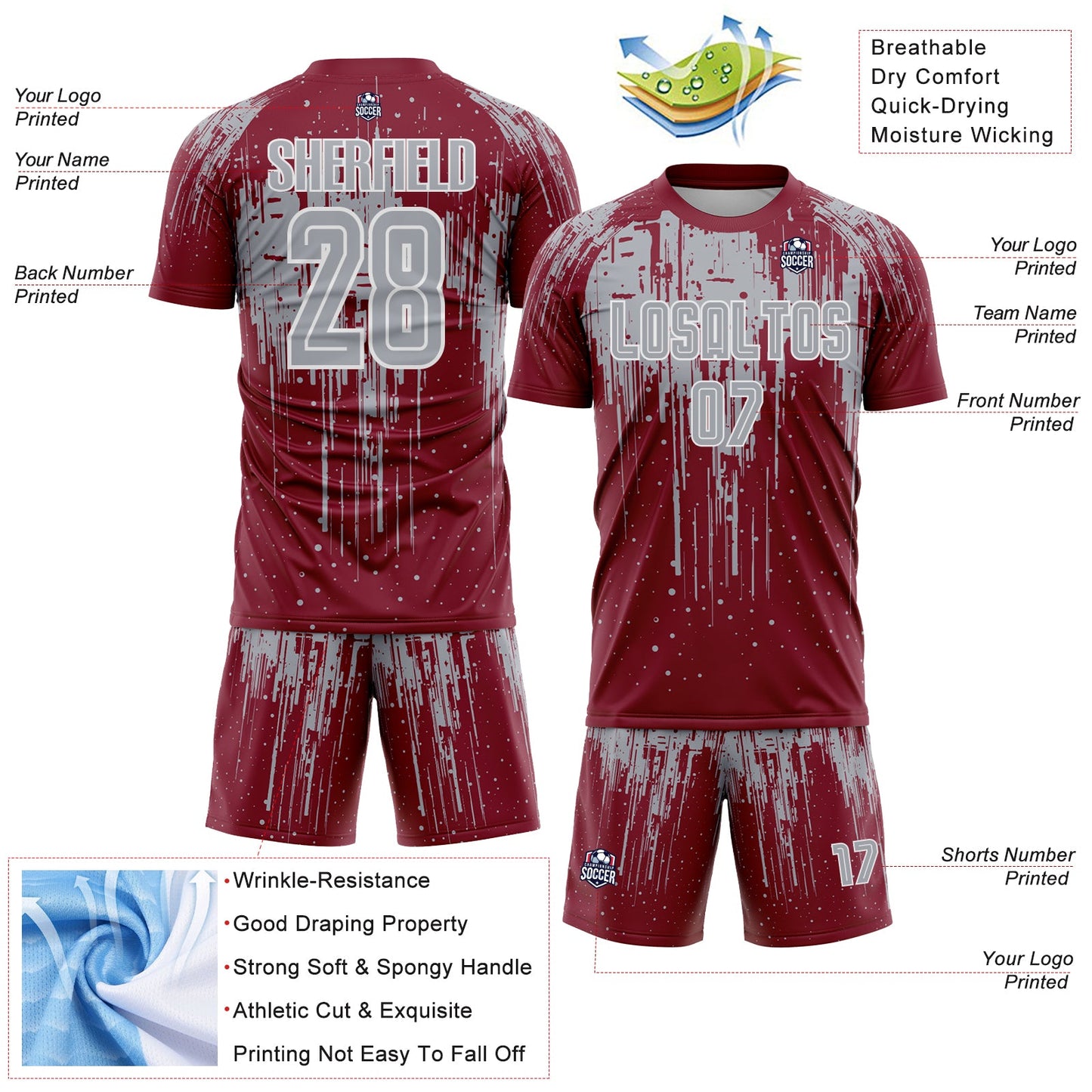 Custom Crimson Gray-White Dripping Splatte Pattern Sports Sublimation Soccer Uniform Jersey view 4