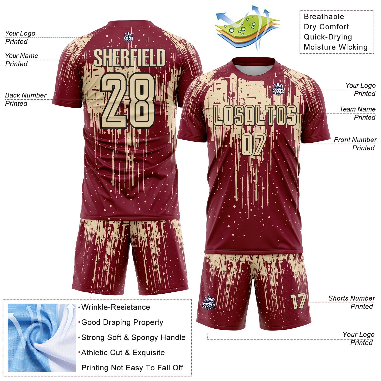 Custom Crimson Cream-Black Dripping Splatte Pattern Sports Sublimation Soccer Uniform Jersey view 4