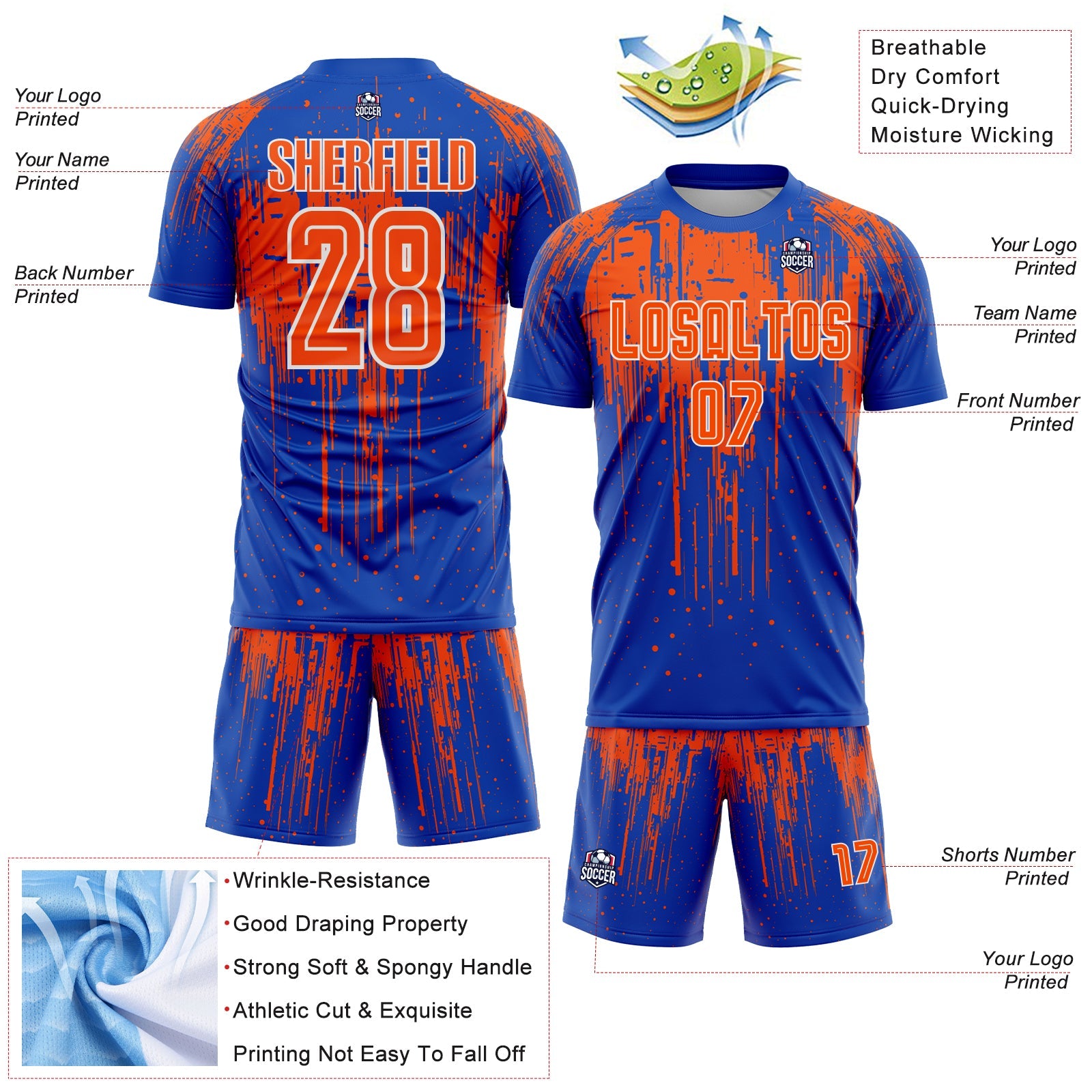 Custom Thunder Blue Orange-White Dripping Splatte Pattern Sports Sublimation Soccer Uniform Jersey view 4