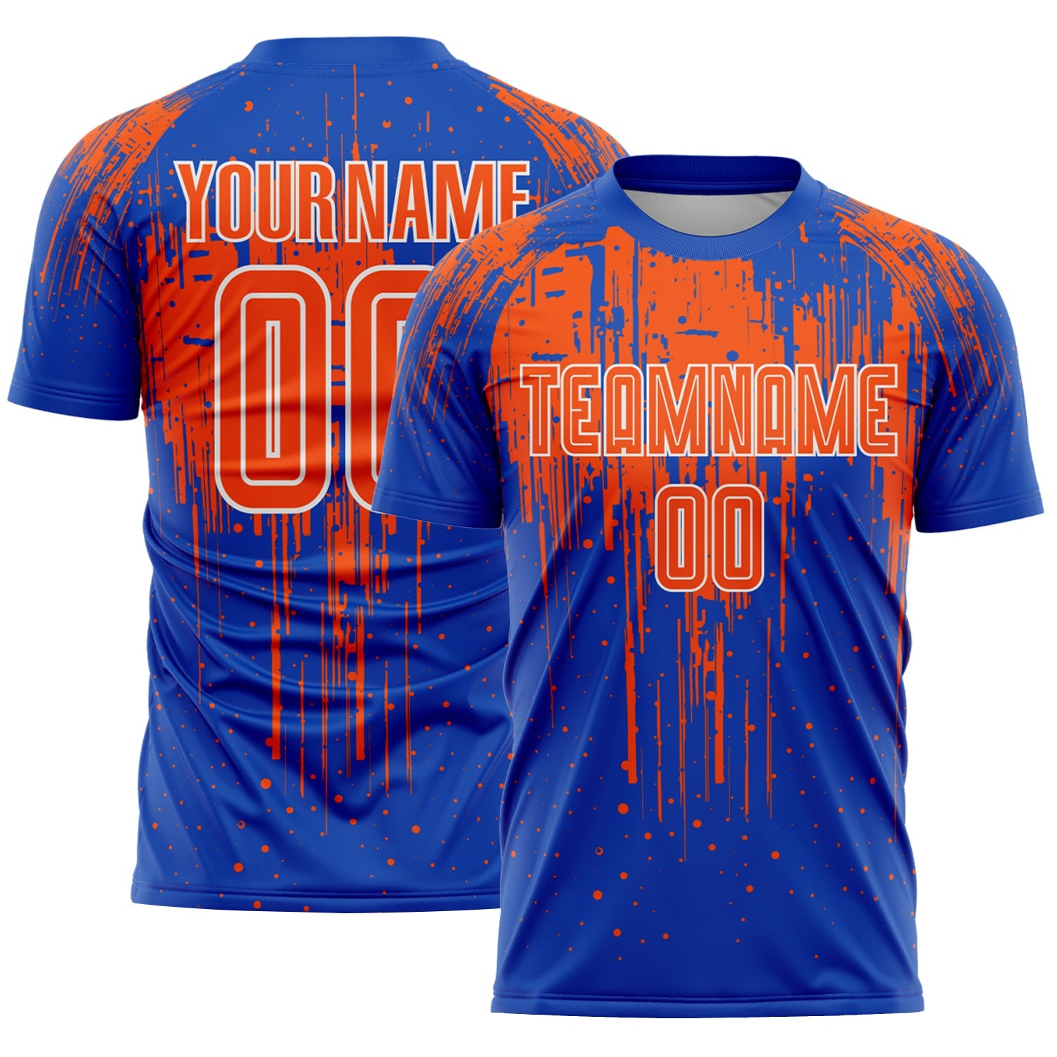 Custom Thunder Blue Orange-White Dripping Splatte Pattern Sports Sublimation Soccer Uniform Jersey - Main View