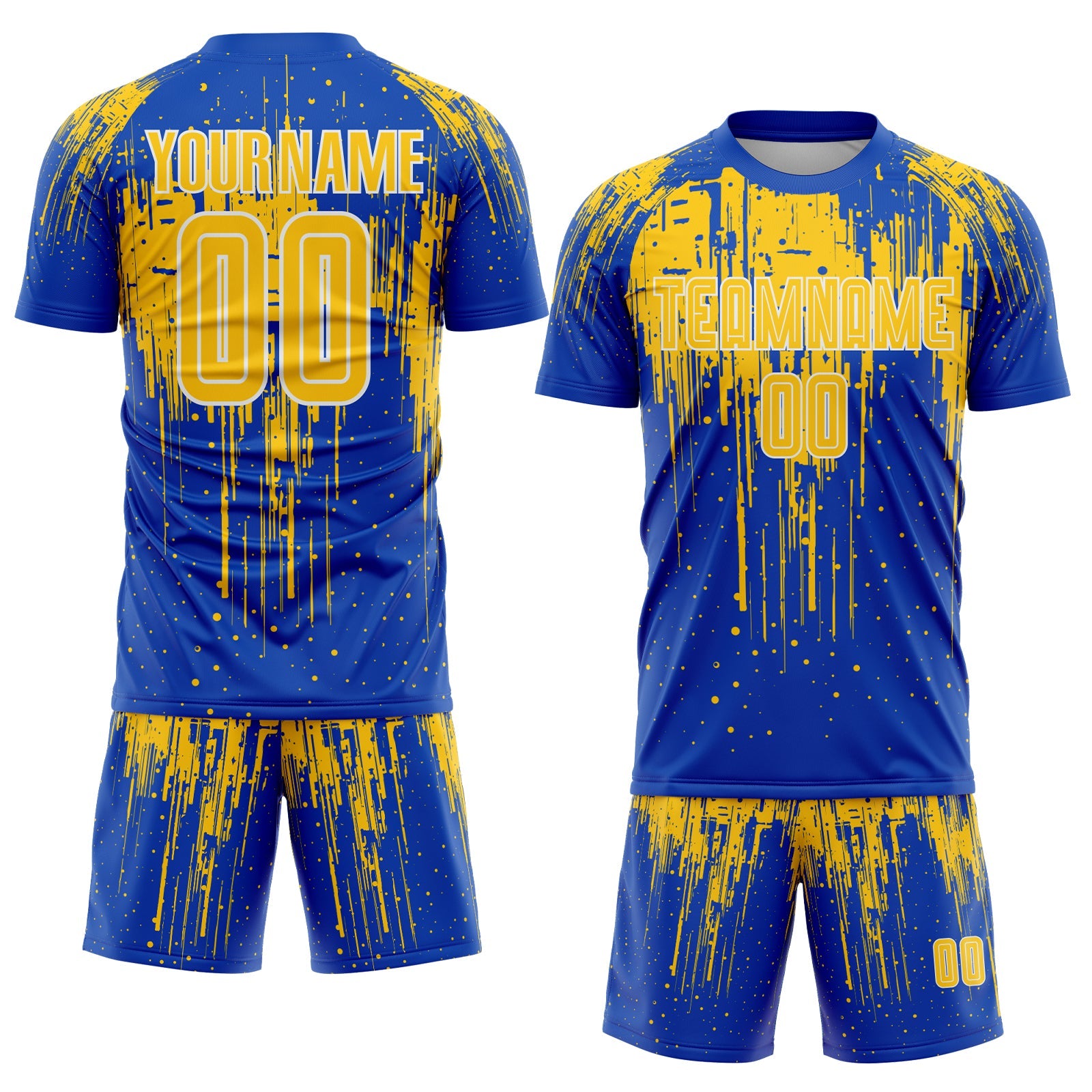 Custom Thunder Blue Yellow-White Dripping Splatte Pattern Sports Sublimation Soccer Uniform Jersey view 2