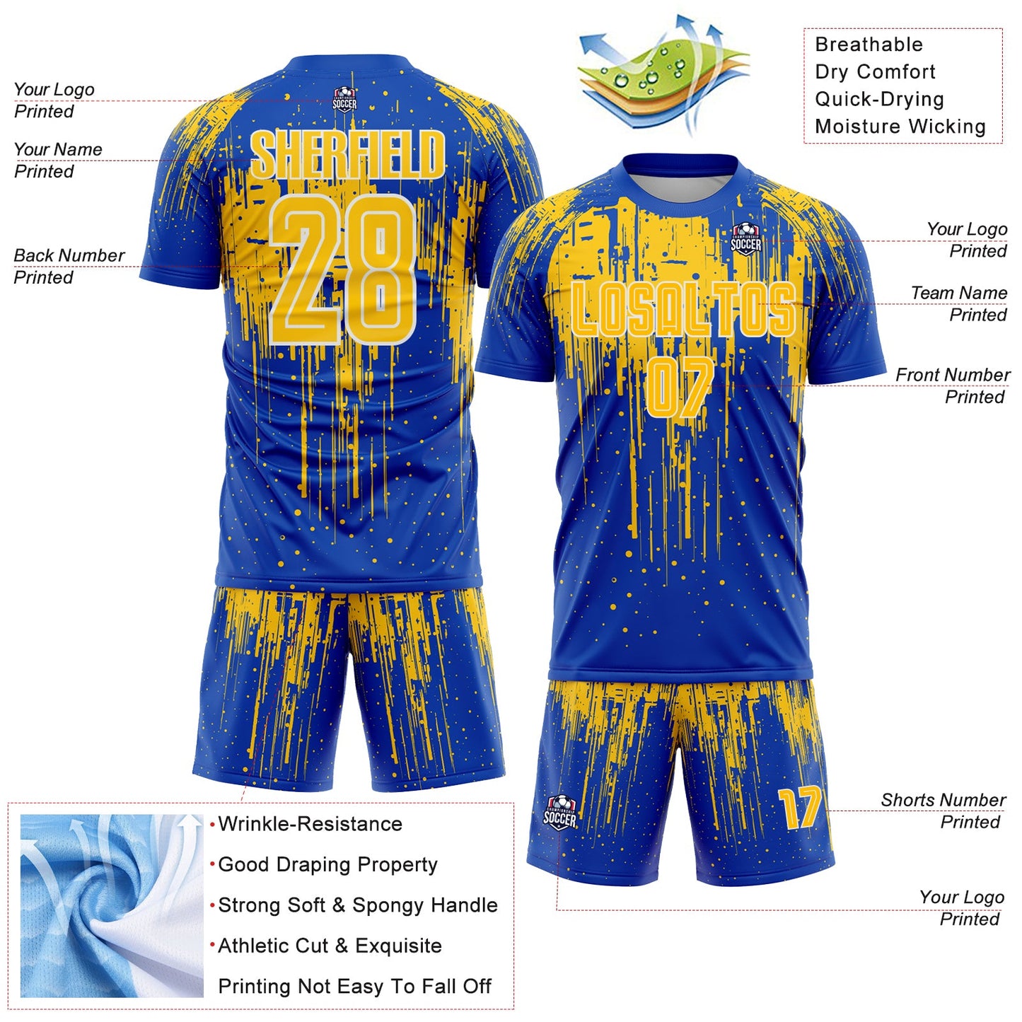 Custom Thunder Blue Yellow-White Dripping Splatte Pattern Sports Sublimation Soccer Uniform Jersey view 4