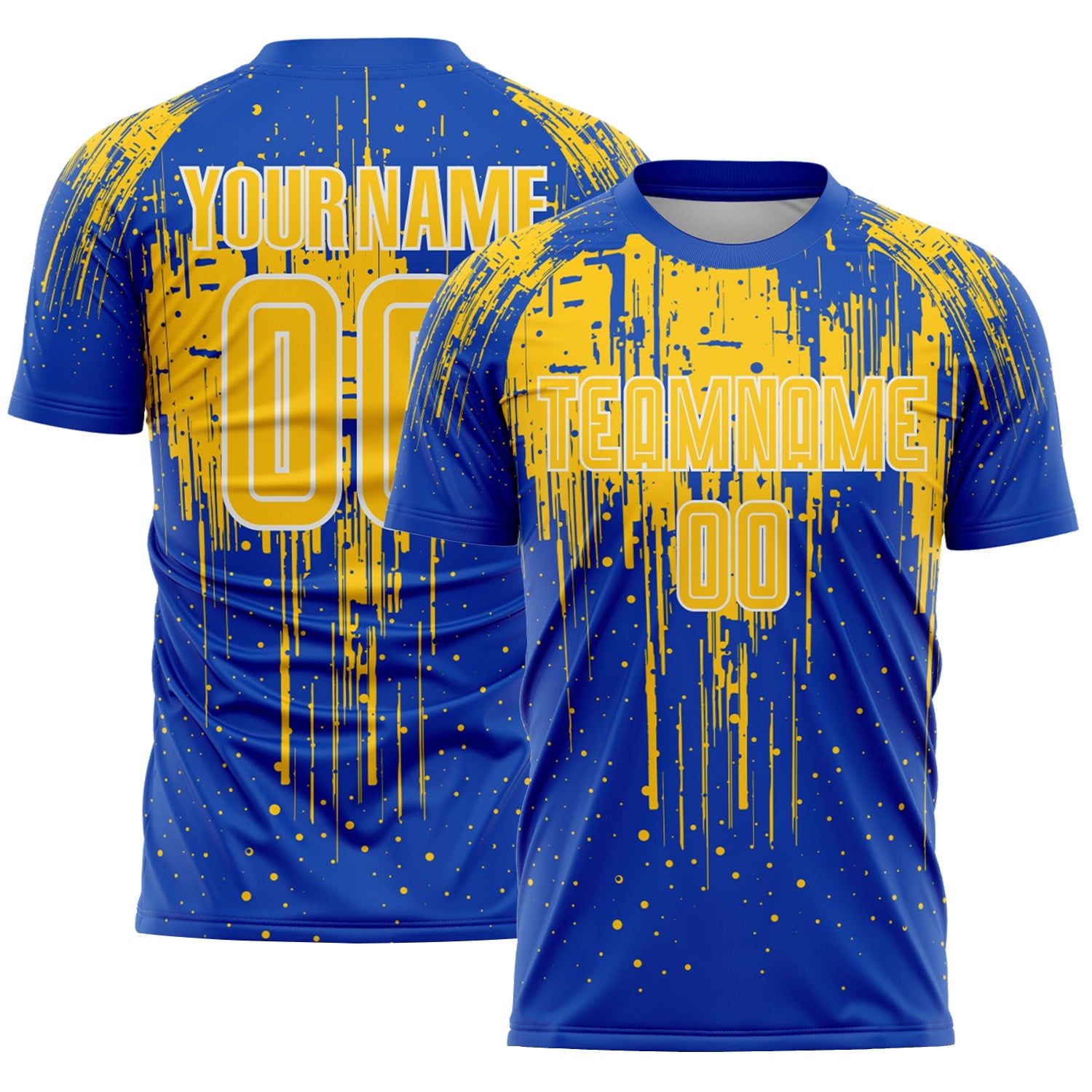 Custom Thunder Blue Yellow-White Dripping Splatte Pattern Sports Sublimation Soccer Uniform Jersey - Main View