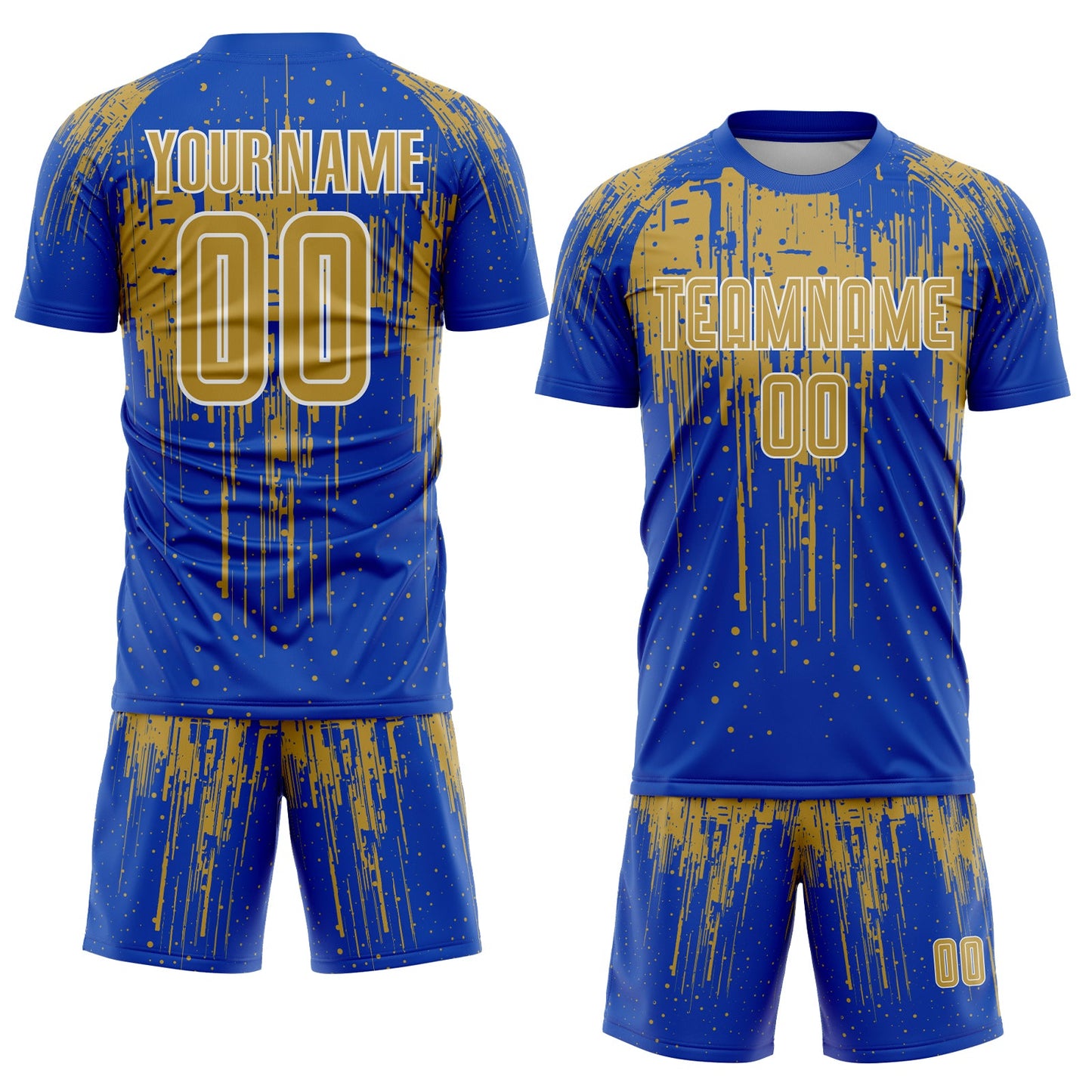 Custom Thunder Blue Old Gold-White Dripping Splatte Pattern Sports Sublimation Soccer Uniform Jersey view 2