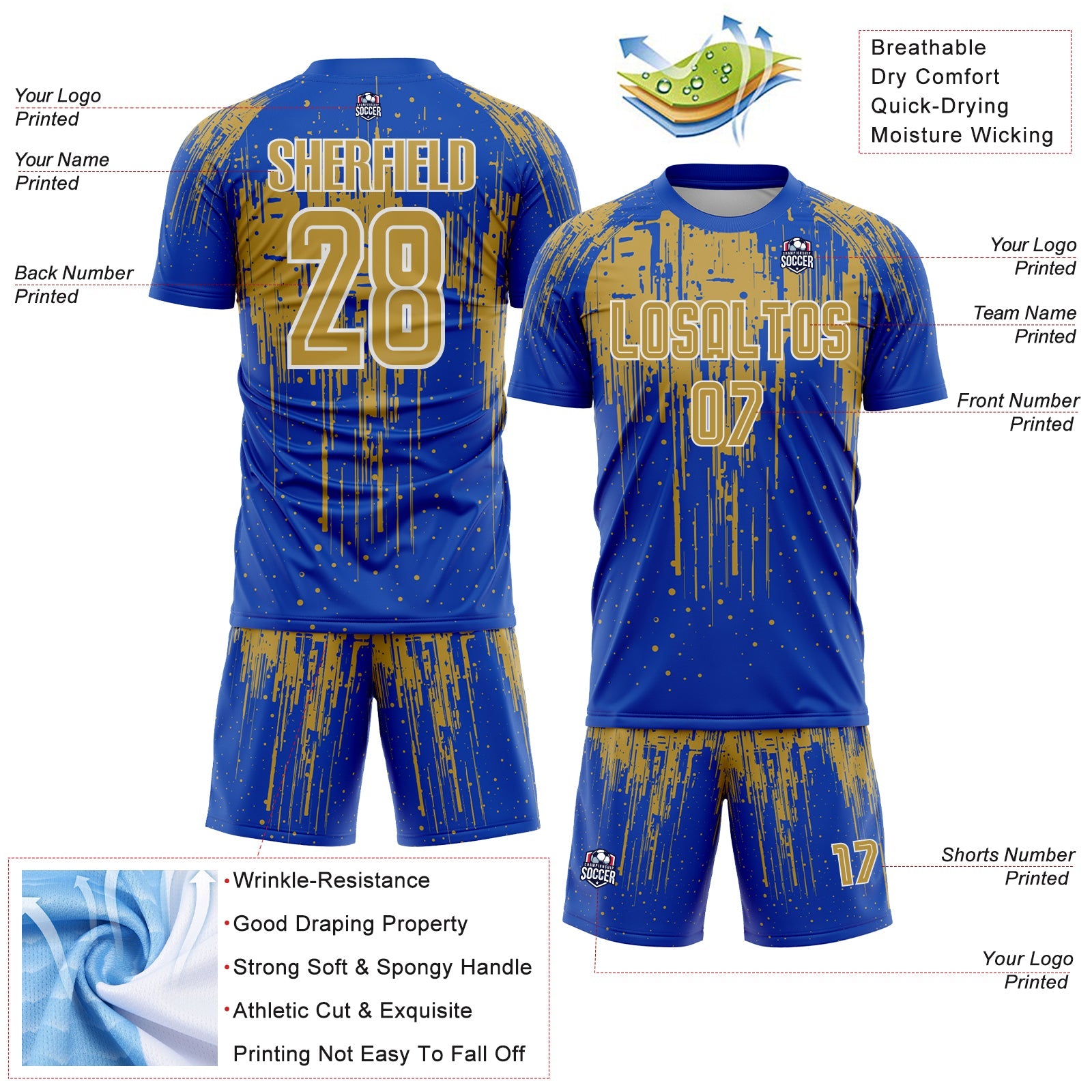Custom Thunder Blue Old Gold-White Dripping Splatte Pattern Sports Sublimation Soccer Uniform Jersey view 4