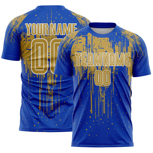 Custom Thunder Blue Old Gold-White Dripping Splatte Pattern Sports Sublimation Soccer Uniform Jersey - Main View