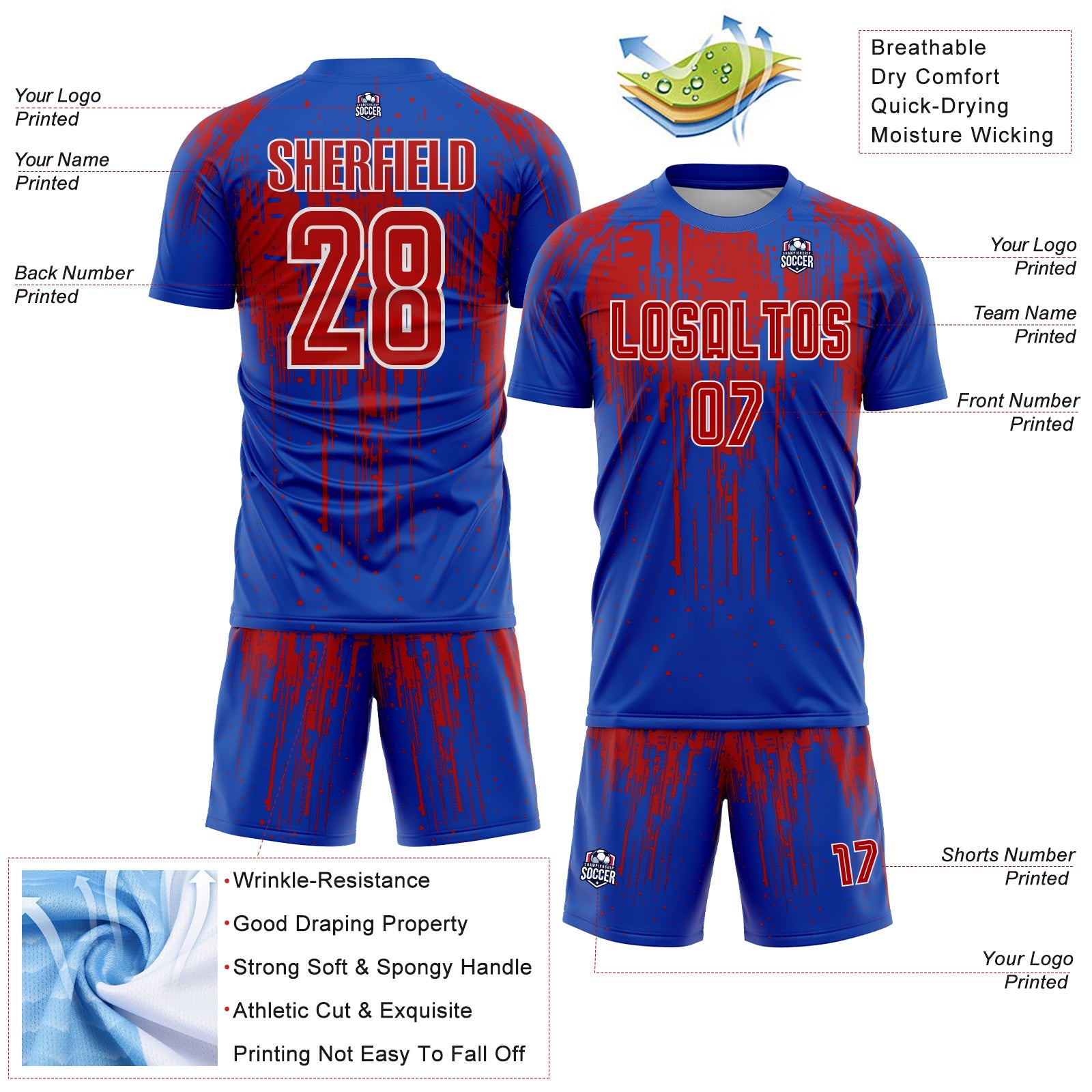 Custom Thunder Blue Red-White Dripping Splatte Pattern Sports Sublimation Soccer Uniform Jersey view 4