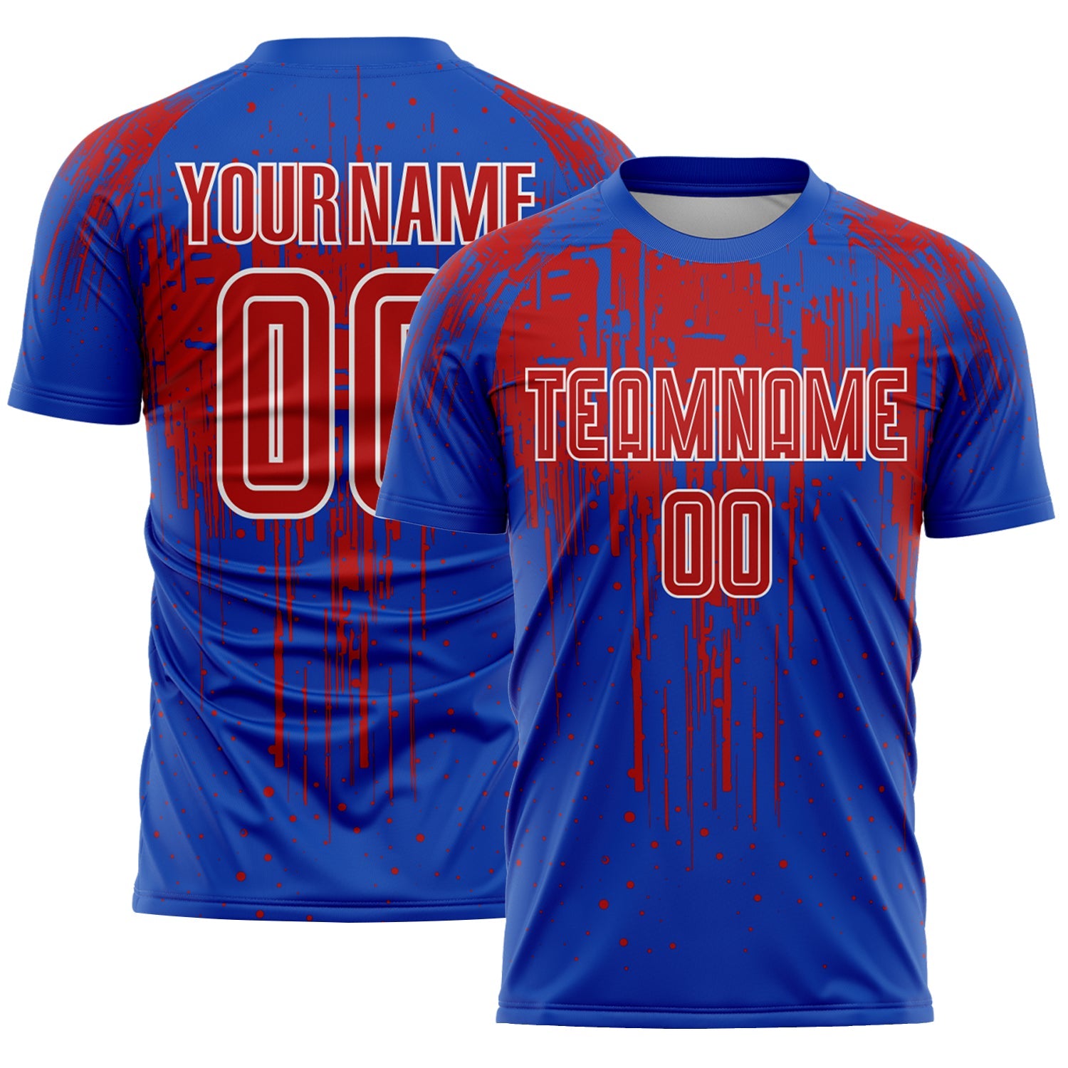 Custom Thunder Blue Red-White Dripping Splatte Pattern Sports Sublimation Soccer Uniform Jersey - Main View