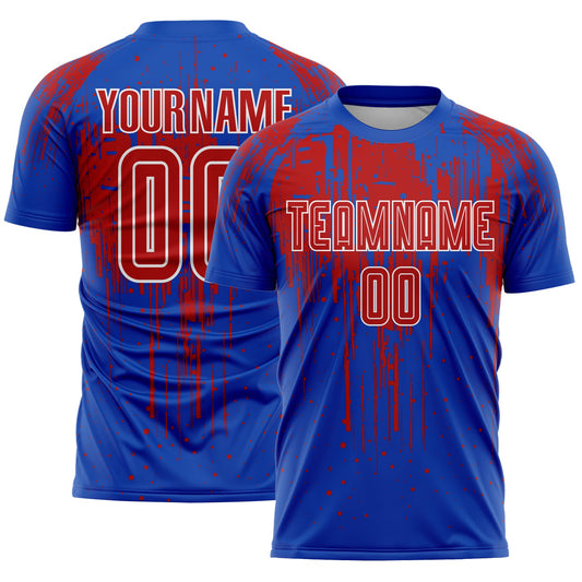 Custom Thunder Blue Red-White Dripping Splatte Pattern Sports Sublimation Soccer Uniform Jersey - Main View