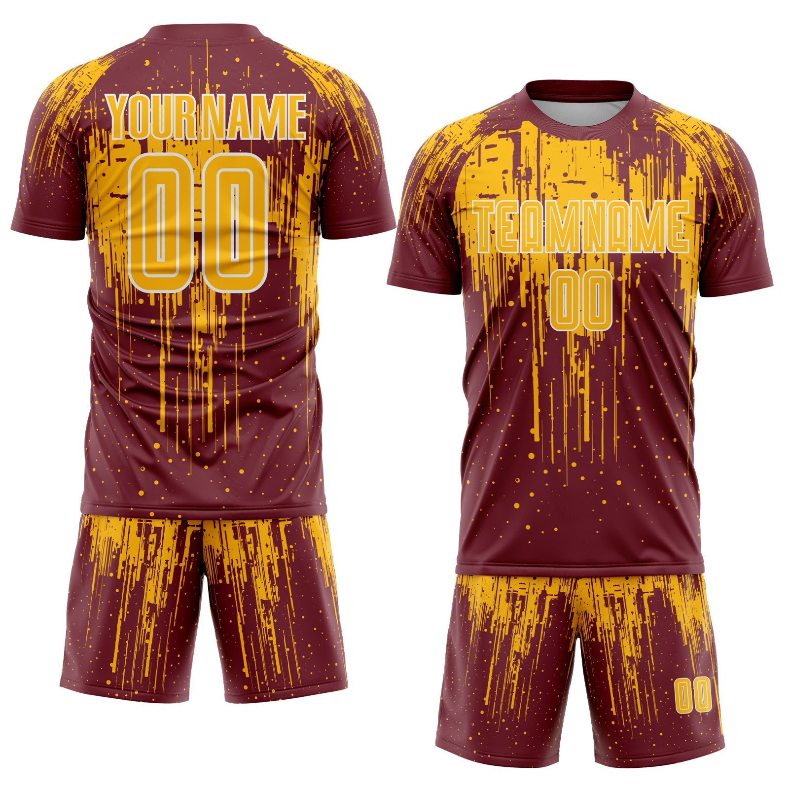 Custom Burgundy Gold-White Dripping Splatte Pattern Sports Sublimation Soccer Uniform Jersey view 2