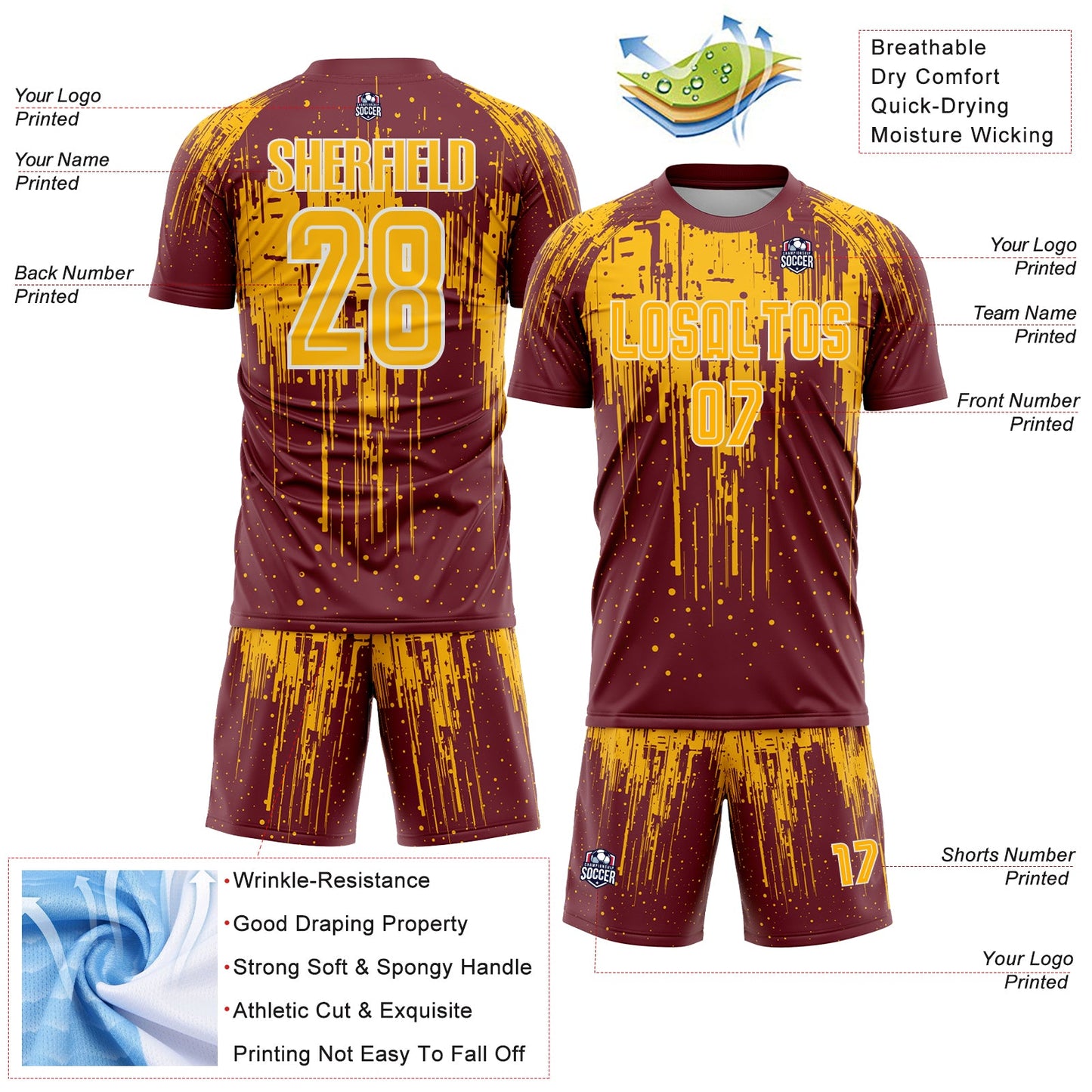Custom Burgundy Gold-White Dripping Splatte Pattern Sports Sublimation Soccer Uniform Jersey view 4