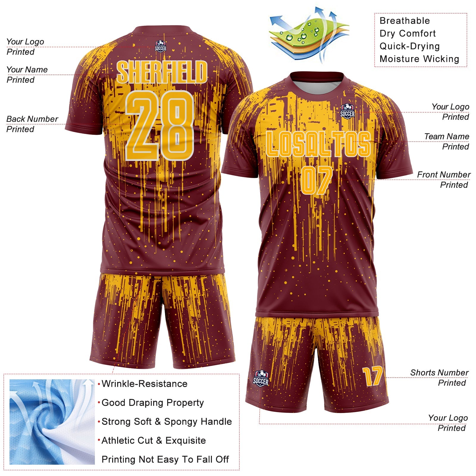 Custom Burgundy Gold-White Dripping Splatte Pattern Sports Sublimation Soccer Uniform Jersey view 4