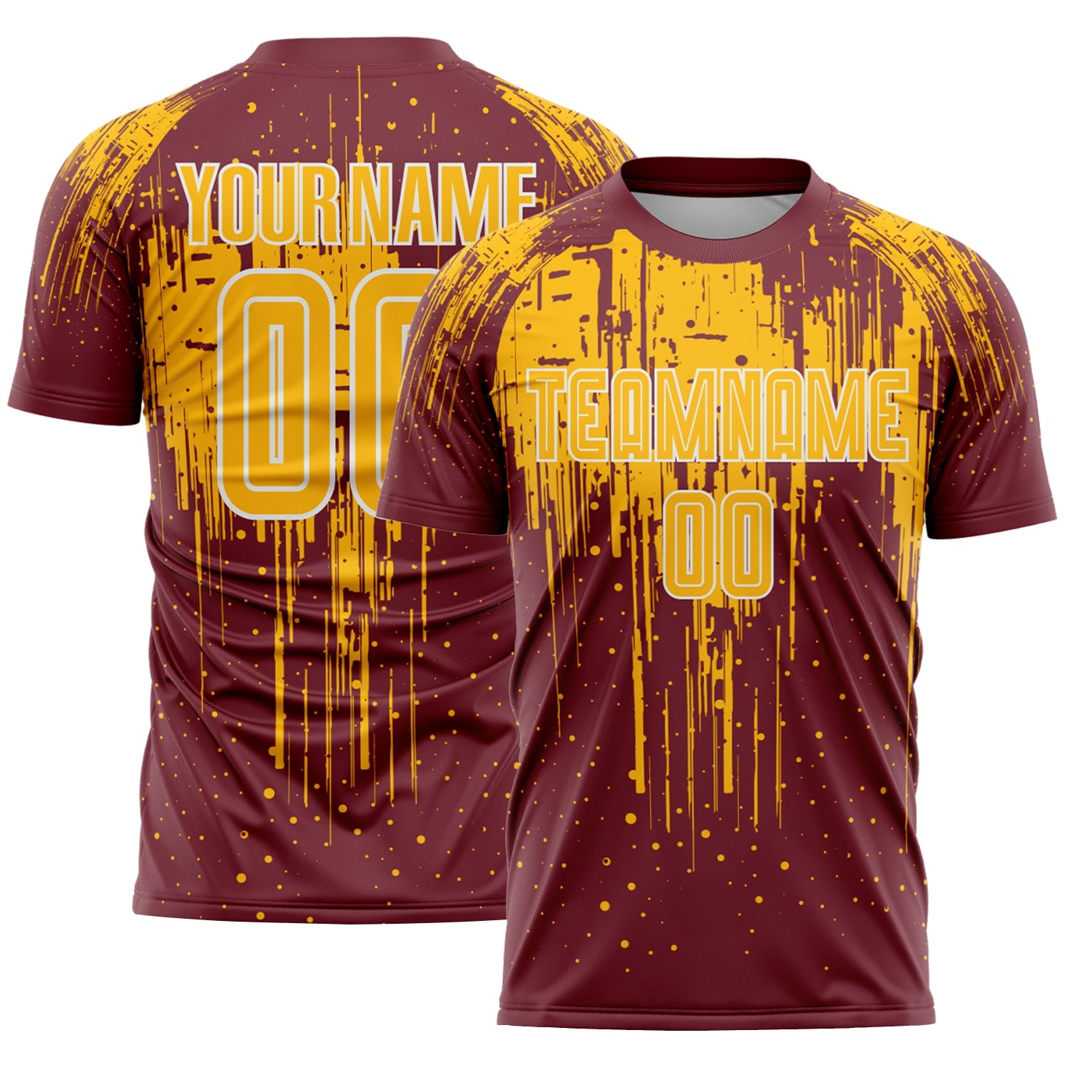 Custom Burgundy Gold-White Dripping Splatte Pattern Sports Sublimation Soccer Uniform Jersey - Main View