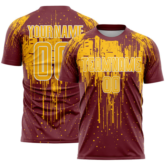 Custom Burgundy Gold-White Dripping Splatte Pattern Sports Sublimation Soccer Uniform Jersey - Main View