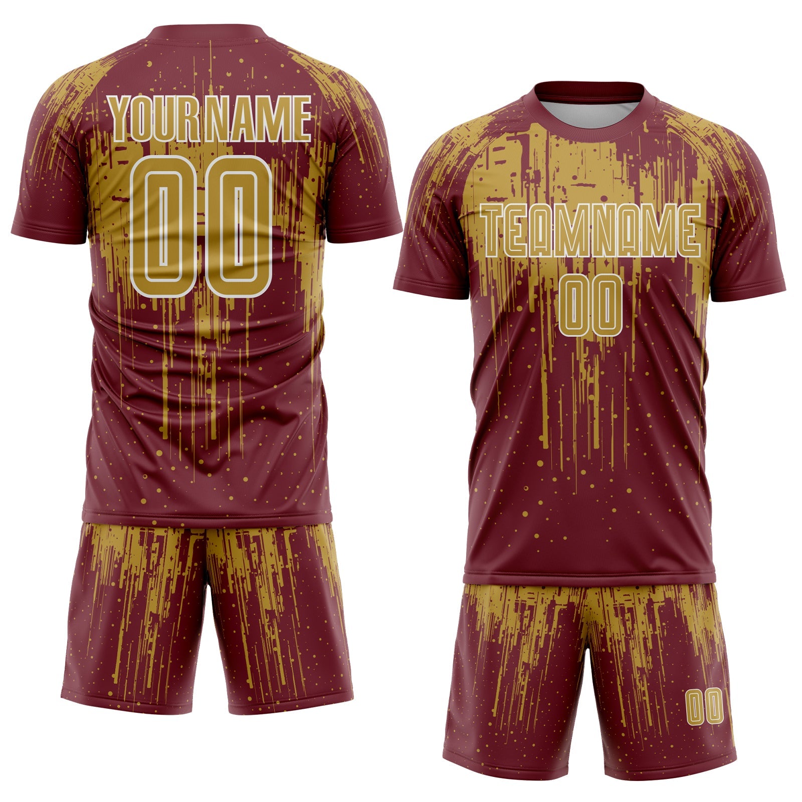 Custom Burgundy Old Gold-White Dripping Splatte Pattern Sports Sublimation Soccer Uniform Jersey view 2