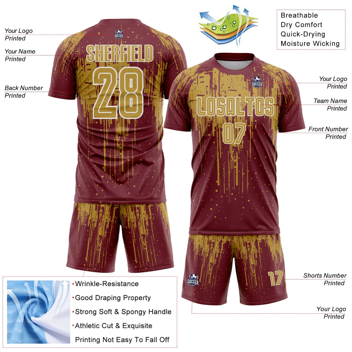 Custom Burgundy Old Gold-White Dripping Splatte Pattern Sports Sublimation Soccer Uniform Jersey view 4