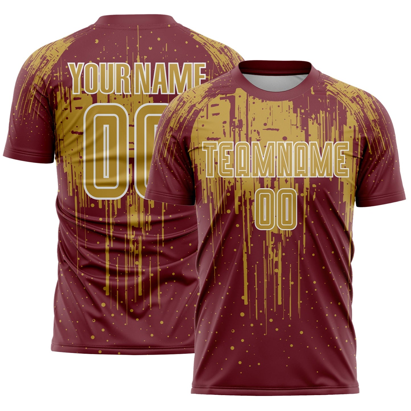 Custom Burgundy Old Gold-White Dripping Splatte Pattern Sports Sublimation Soccer Uniform Jersey - Main View