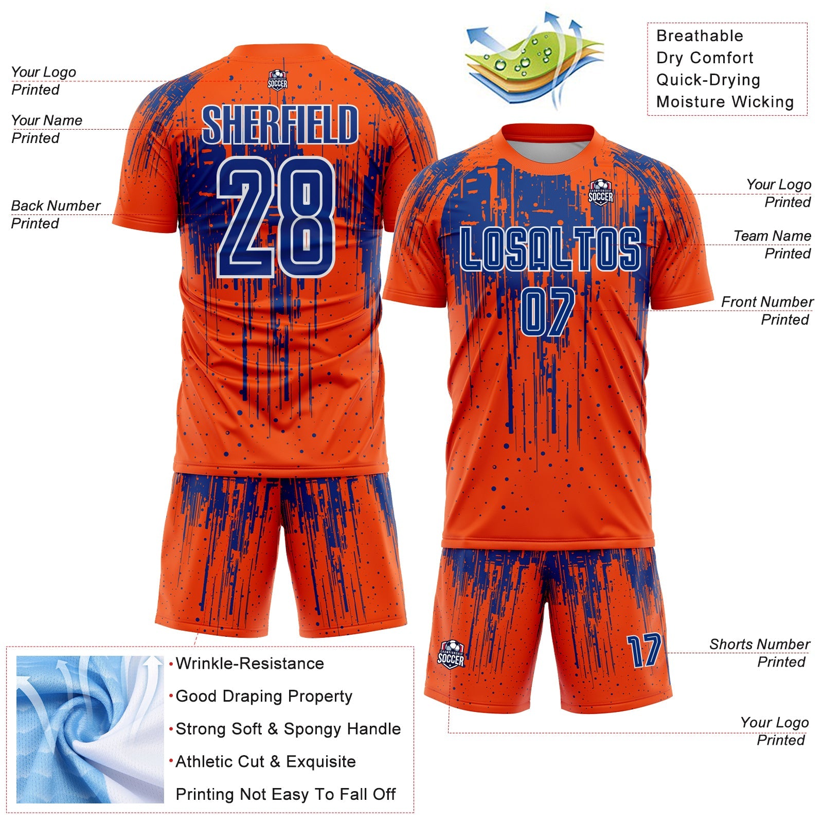 Custom Orange Royal-White Dripping Splatte Pattern Sports Sublimation Soccer Uniform Jersey view 4