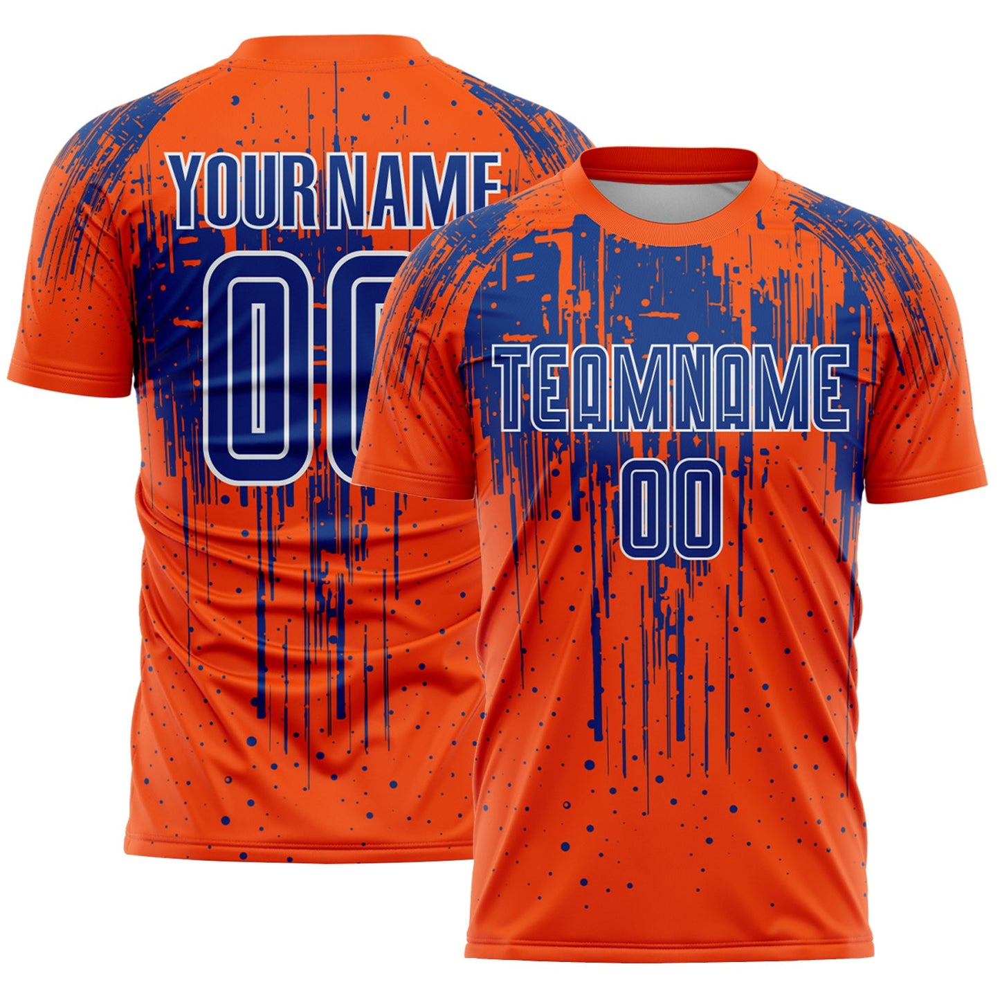 Custom Orange Royal-White Dripping Splatte Pattern Sports Sublimation Soccer Uniform Jersey - Main View