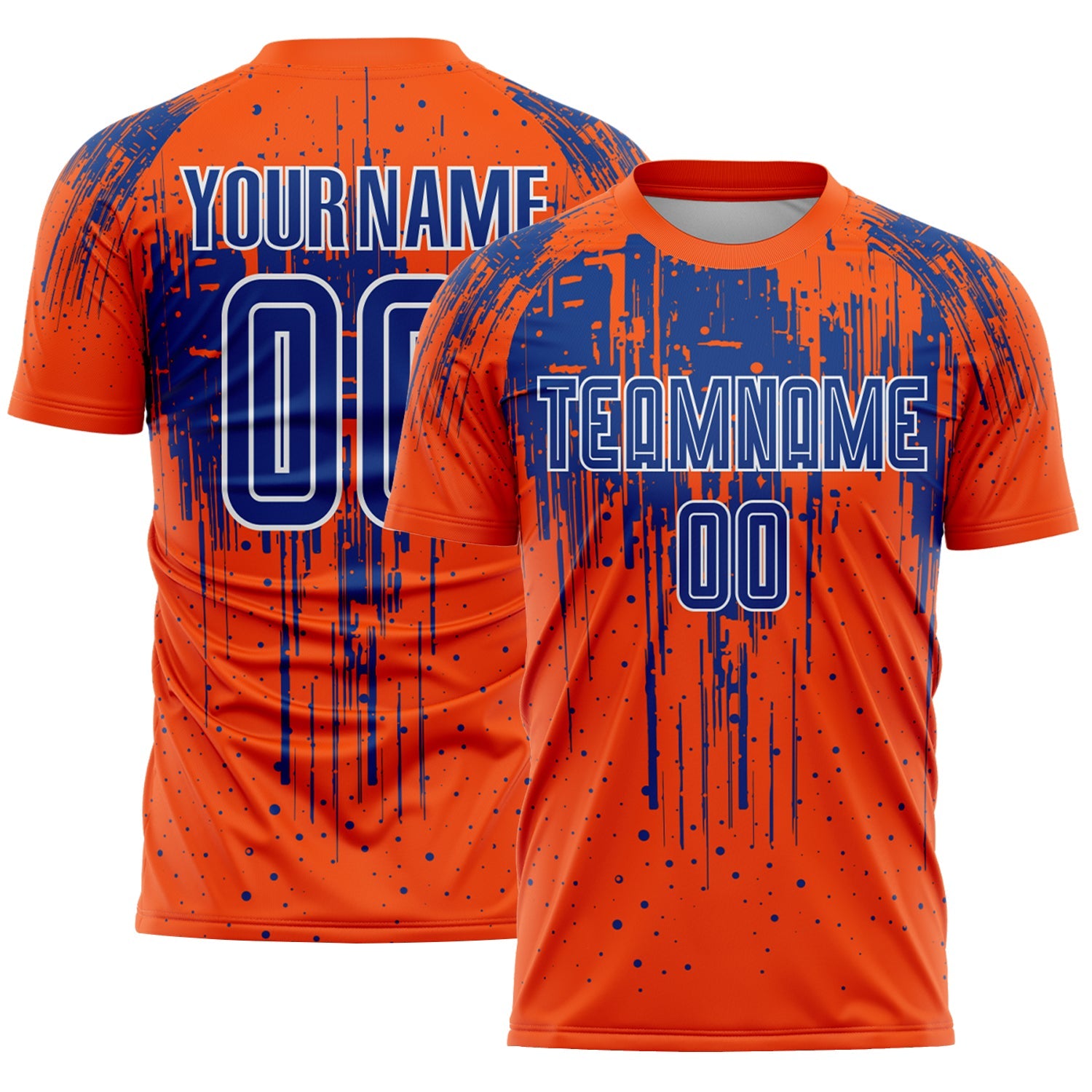 Custom Orange Royal-White Dripping Splatte Pattern Sports Sublimation Soccer Uniform Jersey - Main View
