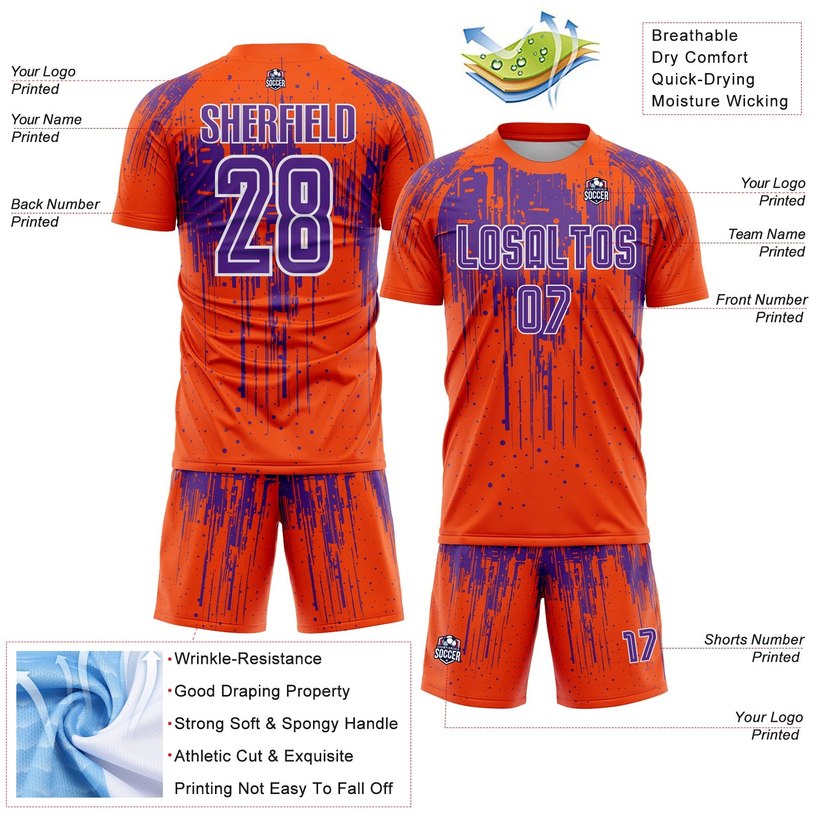 Custom Orange Purple-White Dripping Splatte Pattern Sports Sublimation Soccer Uniform Jersey view 4