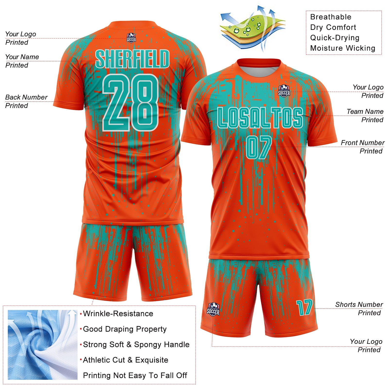 Custom Orange Aqua-White Dripping Splatte Pattern Sports Sublimation Soccer Uniform Jersey view 4