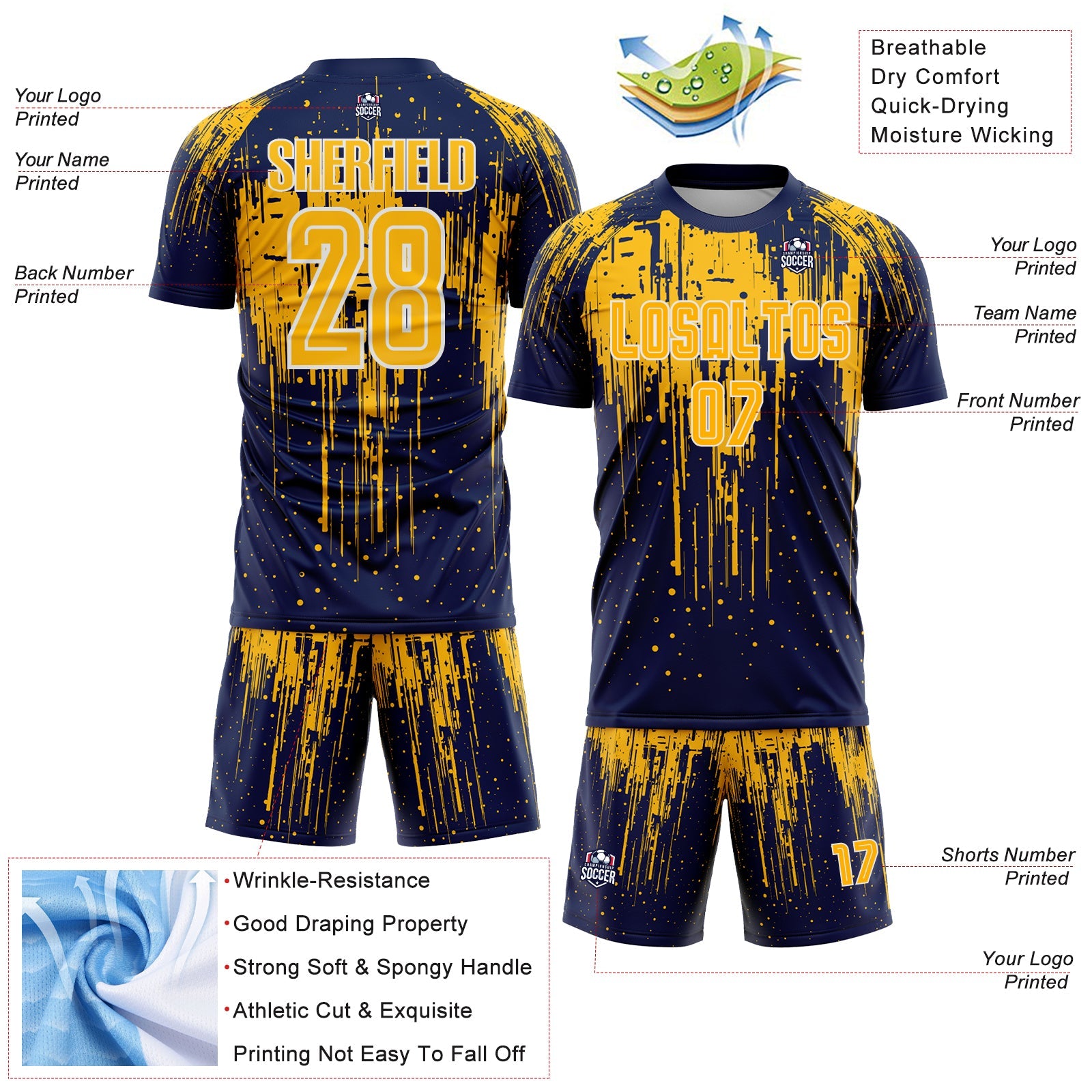Custom Navy Gold-White Dripping Splatte Pattern Sports Sublimation Soccer Uniform Jersey view 4