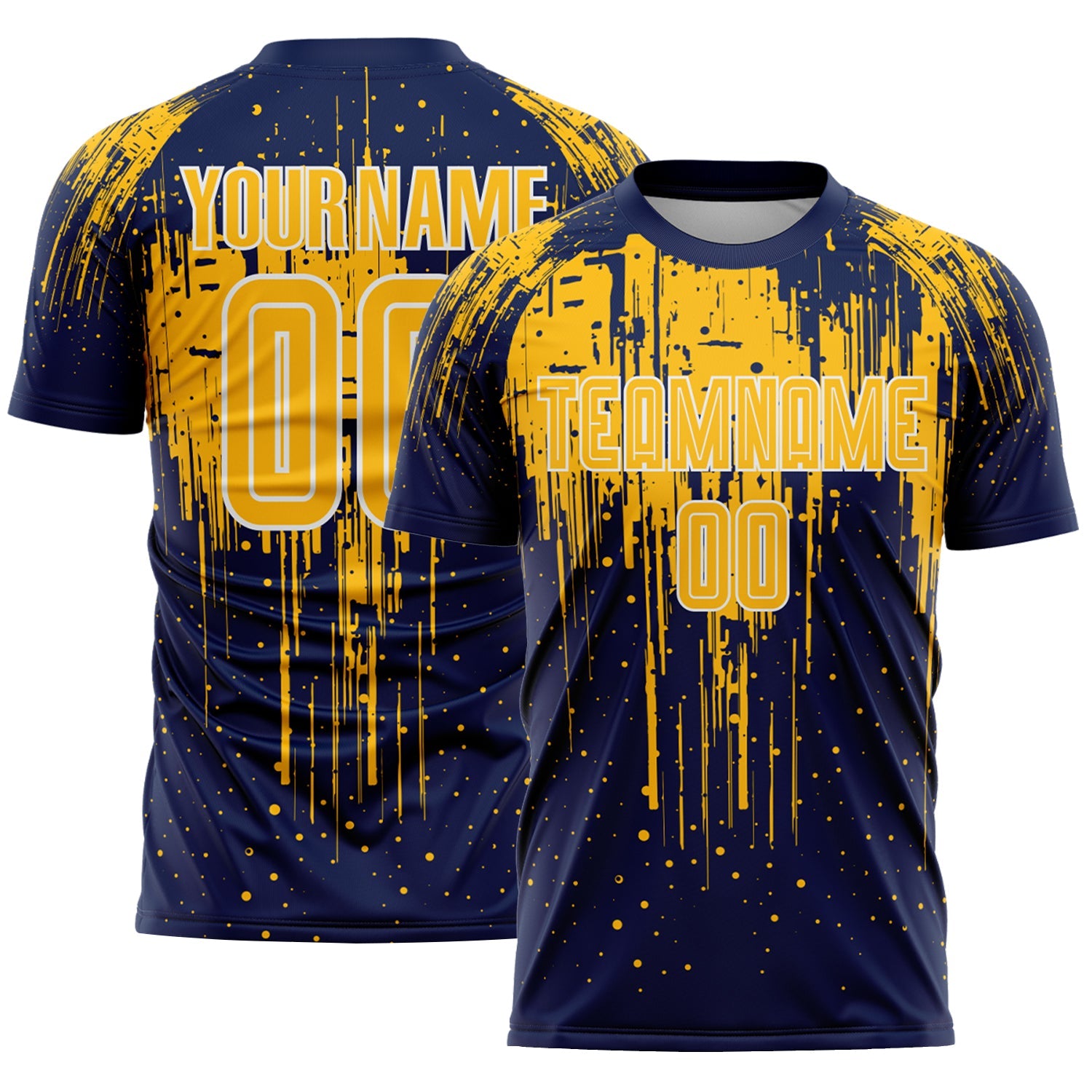 Custom Navy Gold-White Dripping Splatte Pattern Sports Sublimation Soccer Uniform Jersey - Main View