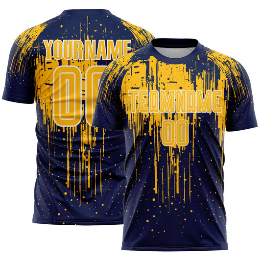 Custom Navy Gold-White Dripping Splatte Pattern Sports Sublimation Soccer Uniform Jersey - Main View
