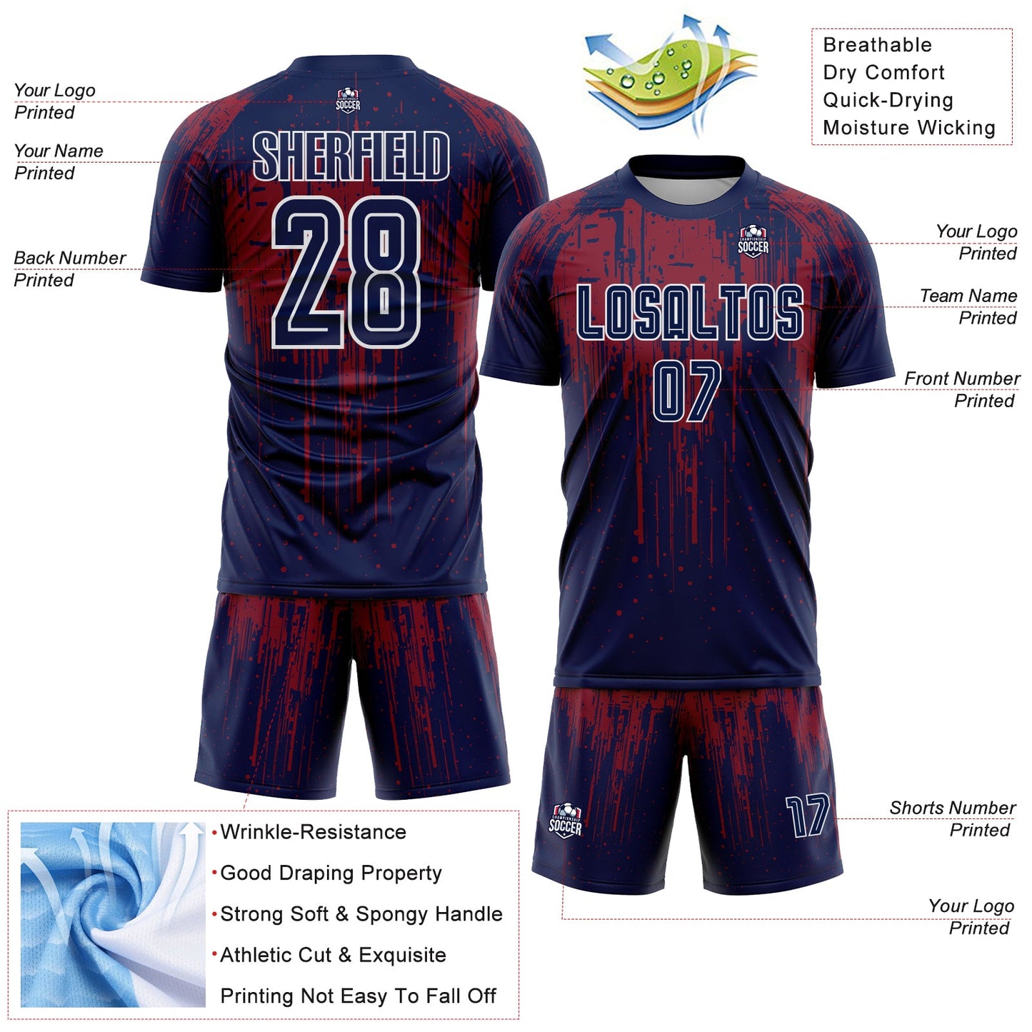 Custom Navy Crimson-White Dripping Splatte Pattern Sports Sublimation Soccer Uniform Jersey view 4