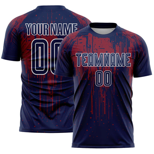 Custom Navy Crimson-White Dripping Splatte Pattern Sports Sublimation Soccer Uniform Jersey - Main View
